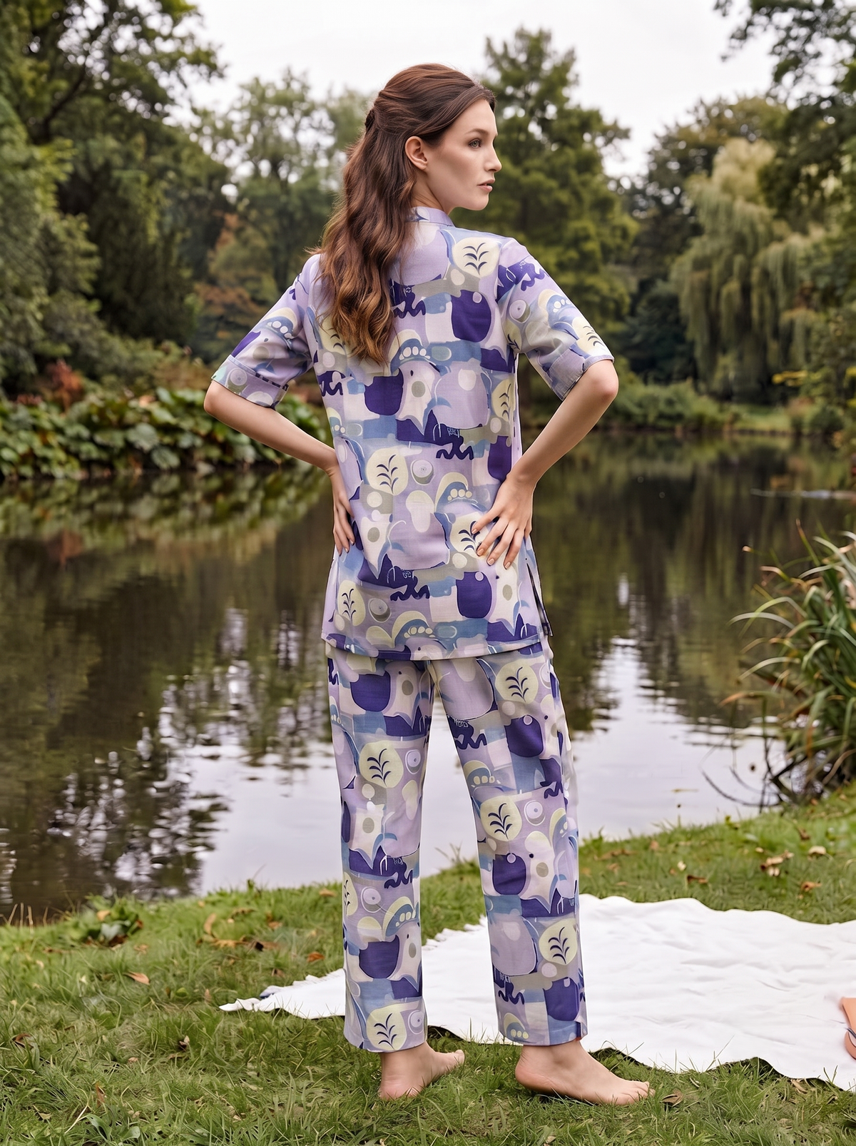 Multi Abstract Print V-Neck Pure Cotton Night Suit For Women