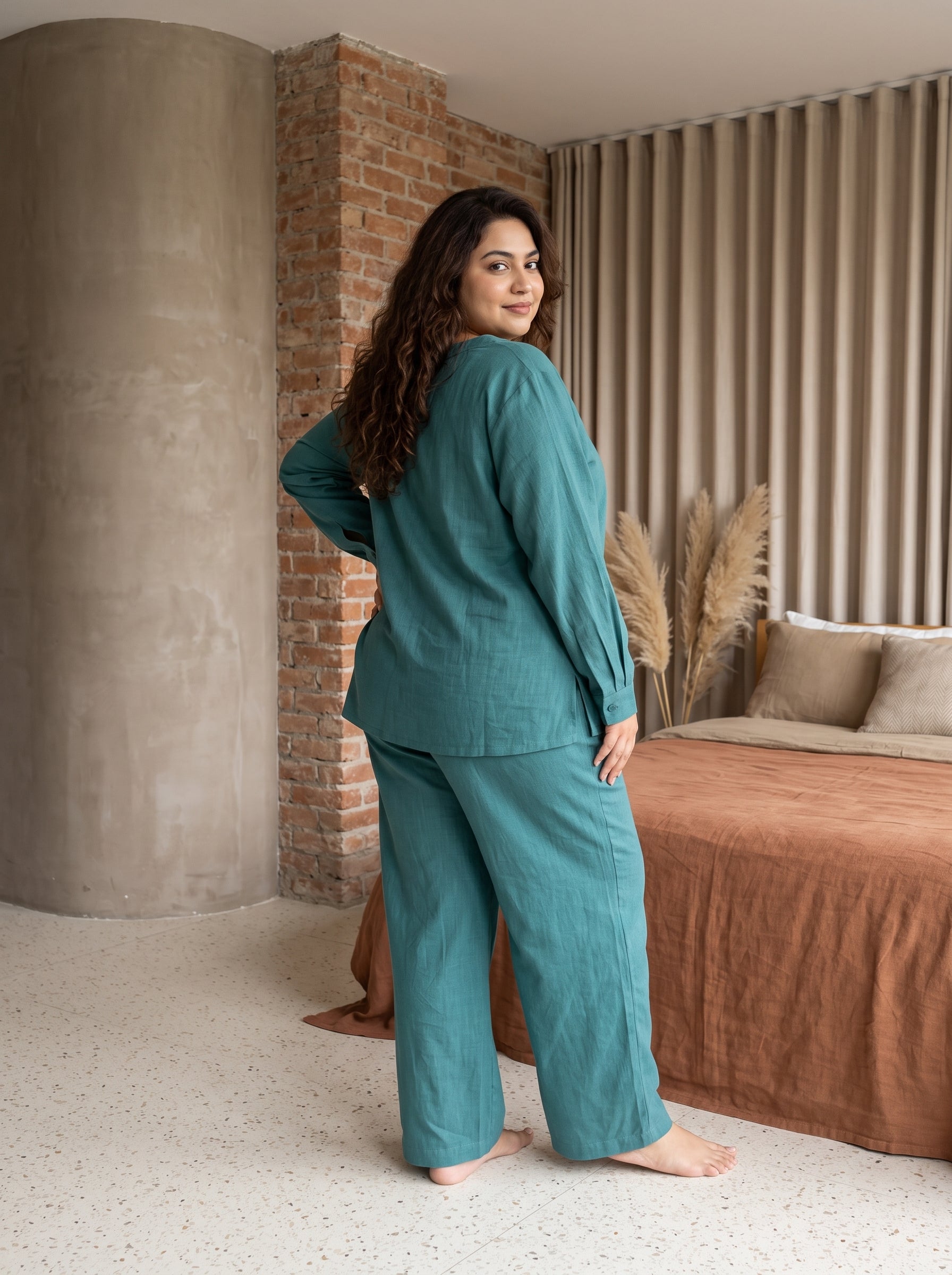 Teal Heart Patch Scoop Neck Cotton Plus Size Night Suit For Women
