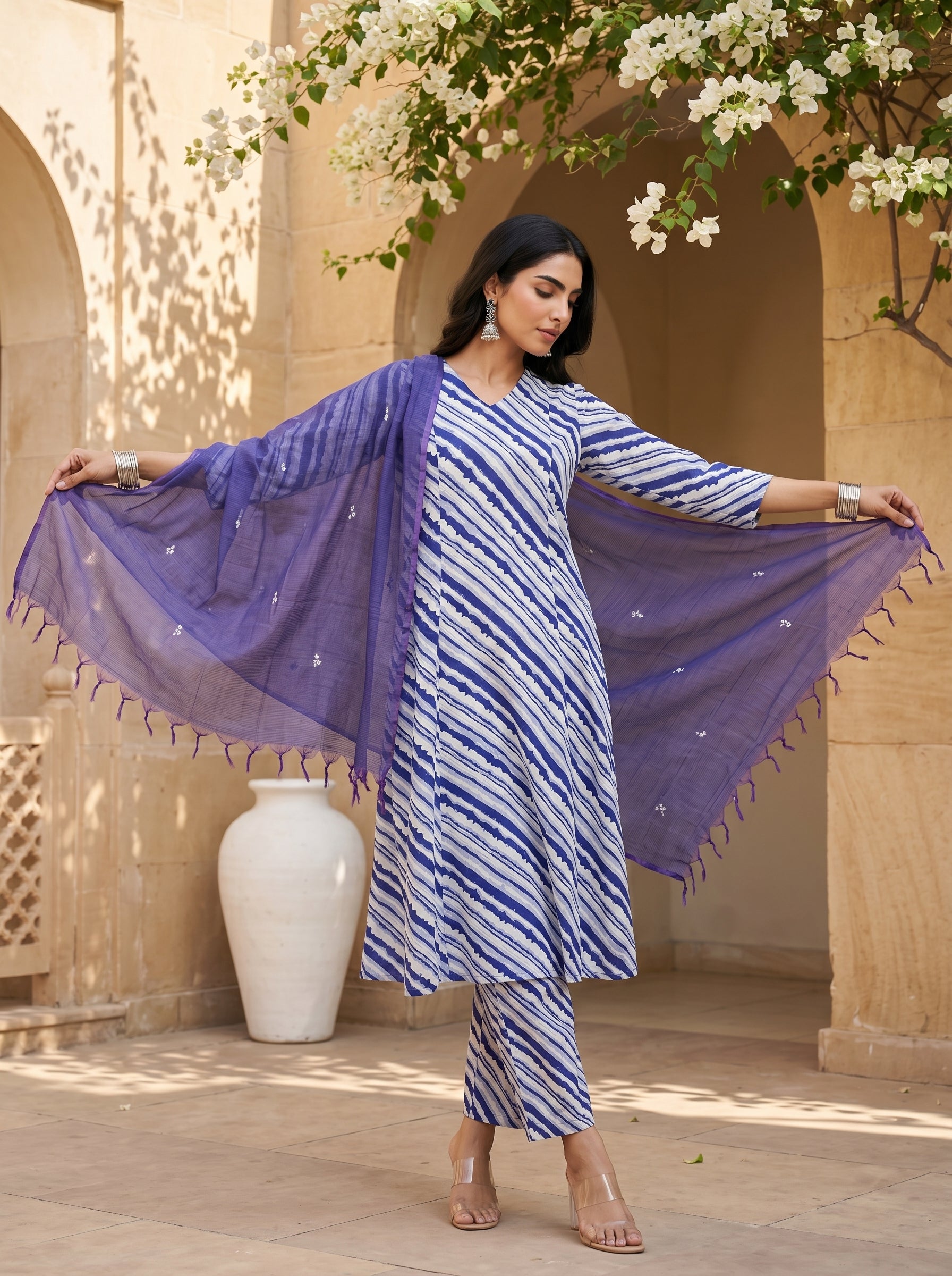 White Leheriya V-Neck Flared Pure Cotton Kurta Set For Women