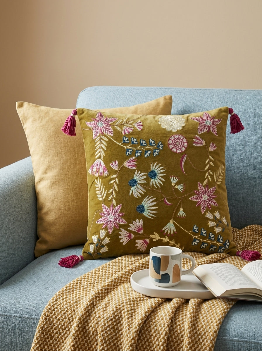 Green Velvet Square Floral Embroidered Cushion Cover With Tassels