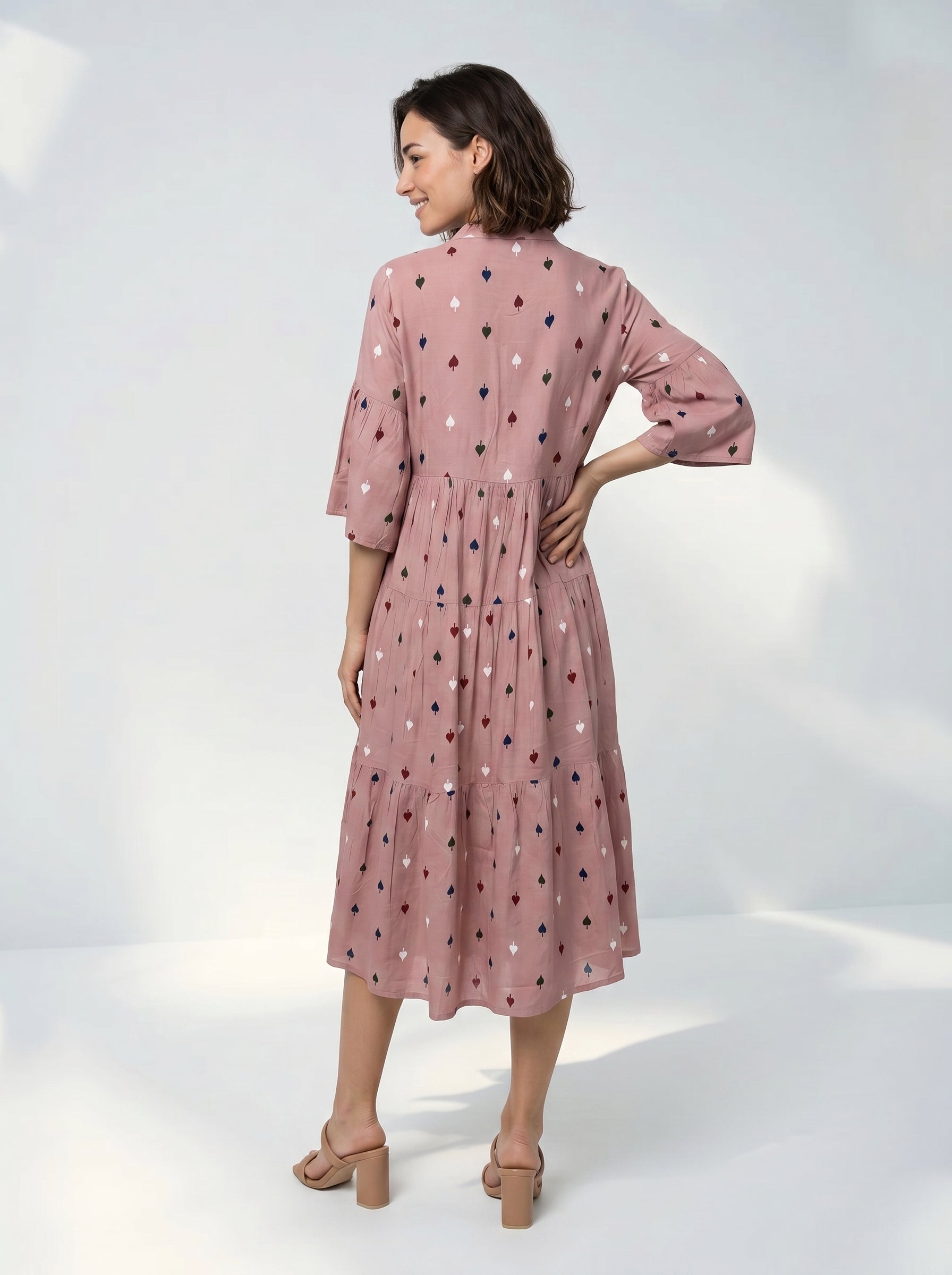 Mauve Round Neck Geometric Print Flared Dress For Women