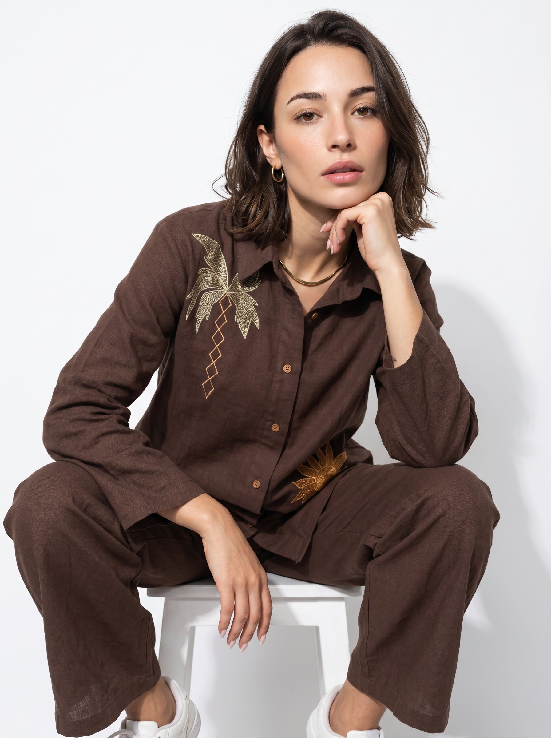 Brown Embroidered Shirt Collar Pure Cotton Co-Ord Set For Women