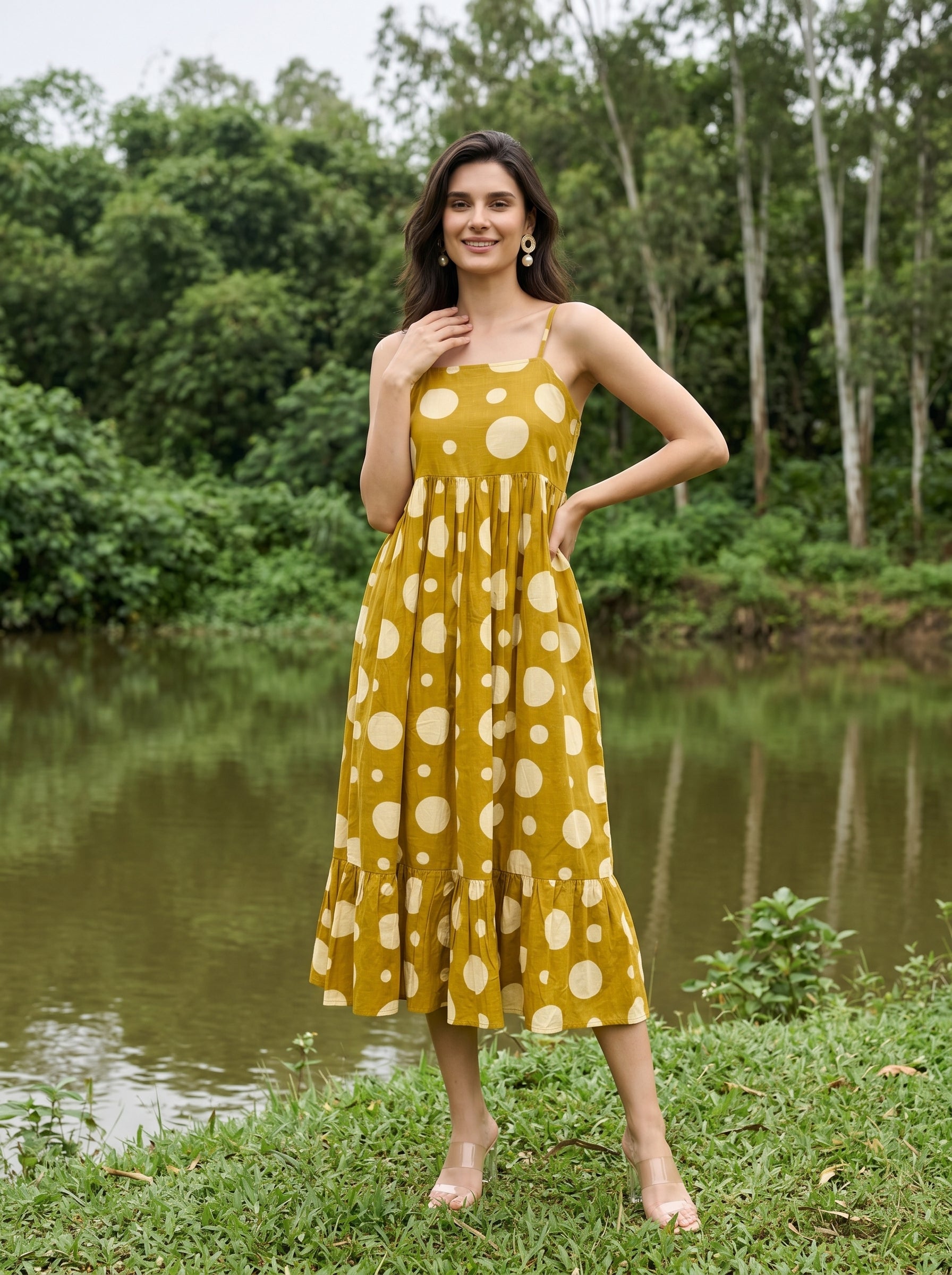 Yellow Off Shoulder Polka Dots Flared Dress For Women