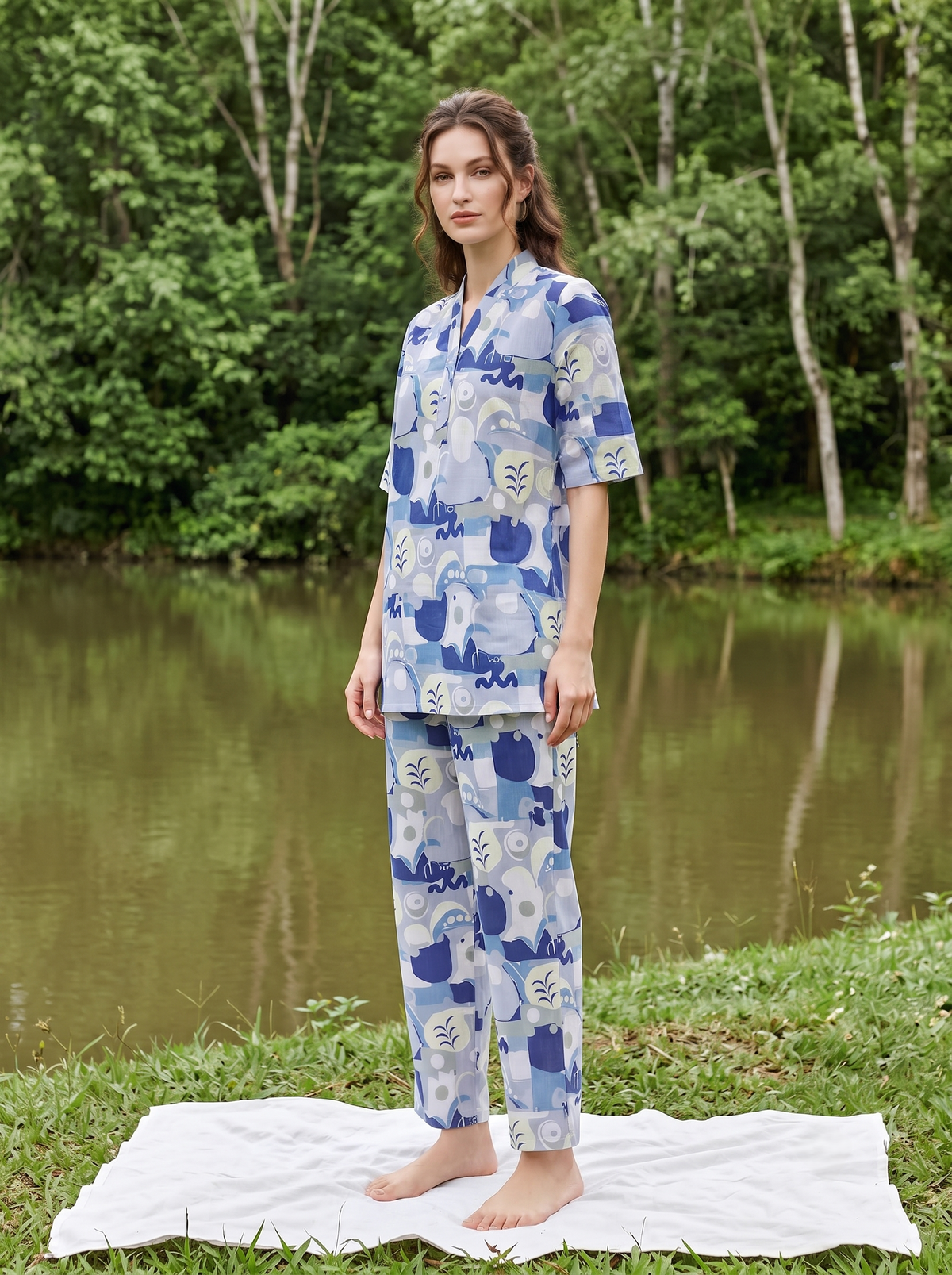 Multi Abstract Print V-Neck Pure Cotton Night Suit For Women