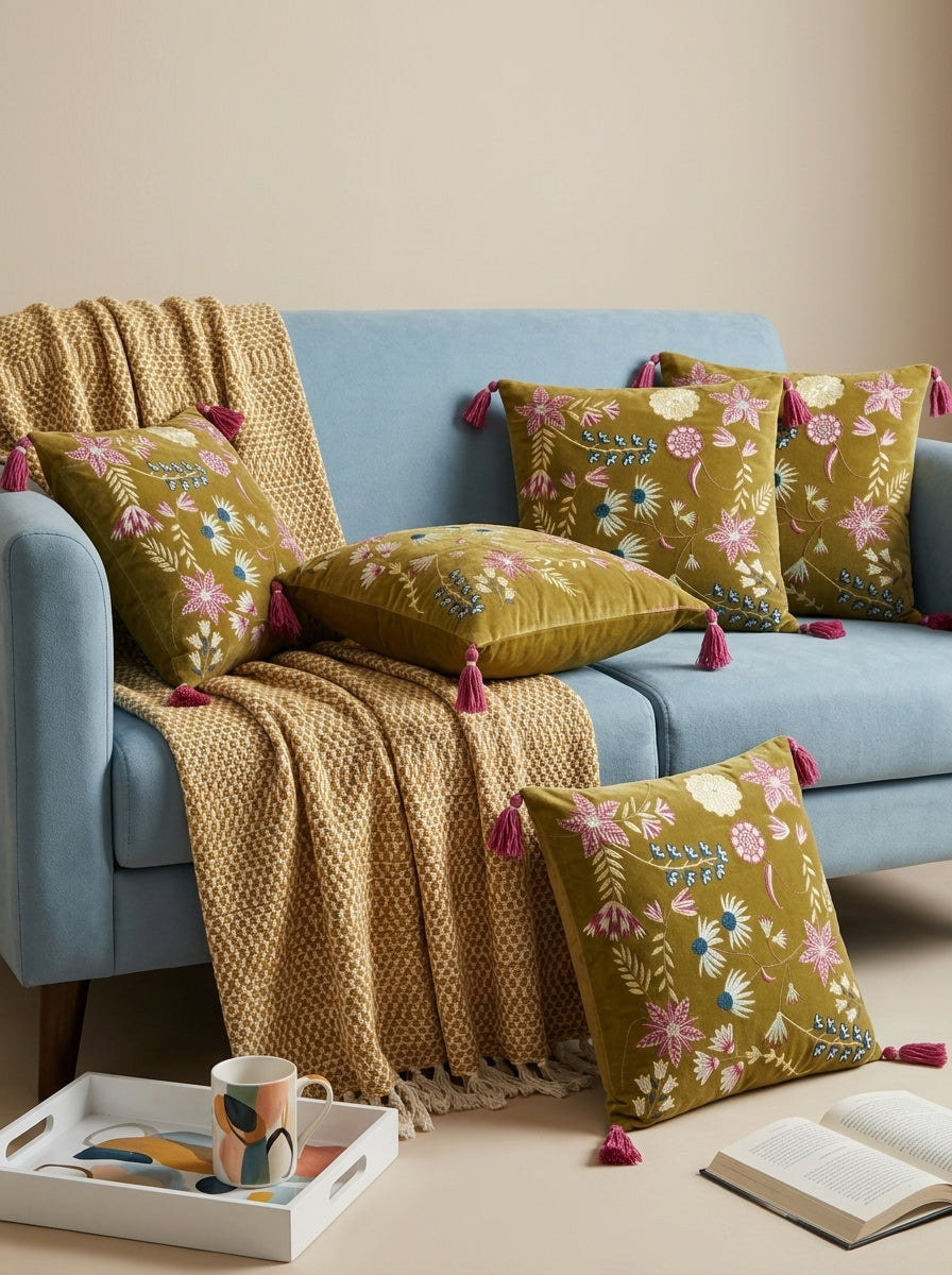 Green Velvet Square Floral Embroidered Cushion Cover With Tassels