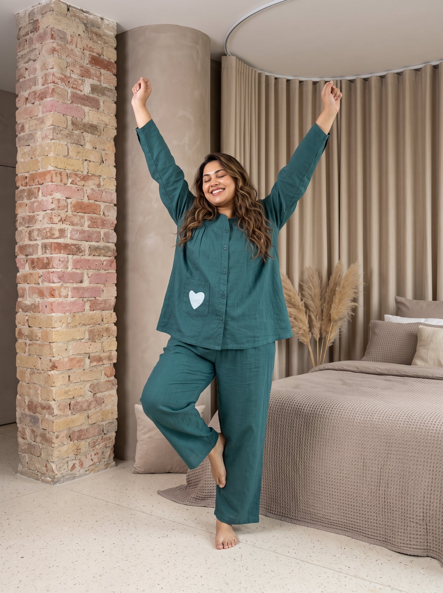 Teal Heart Patch Scoop Neck Cotton Plus Size Night Suit For Women