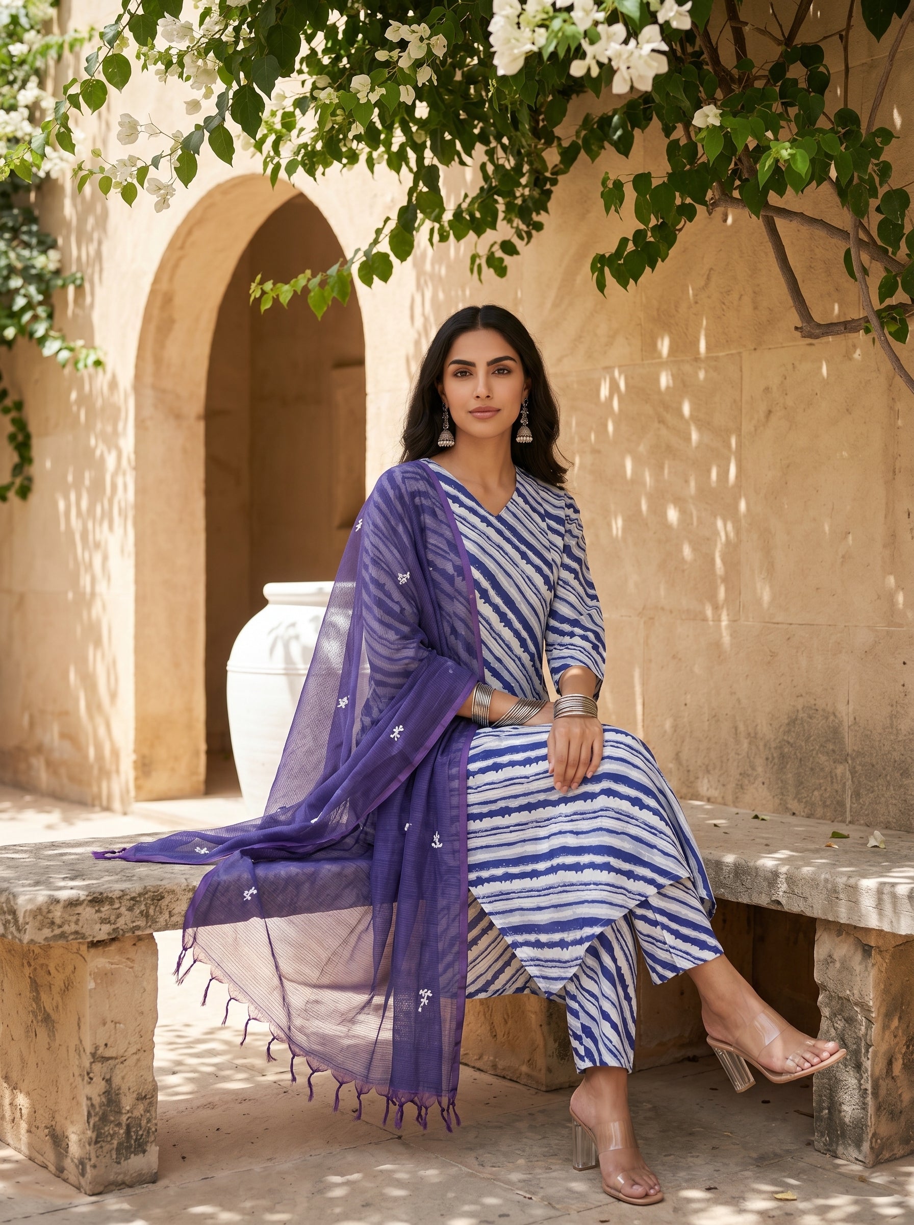 White Leheriya V-Neck Flared Pure Cotton Kurta Set For Women