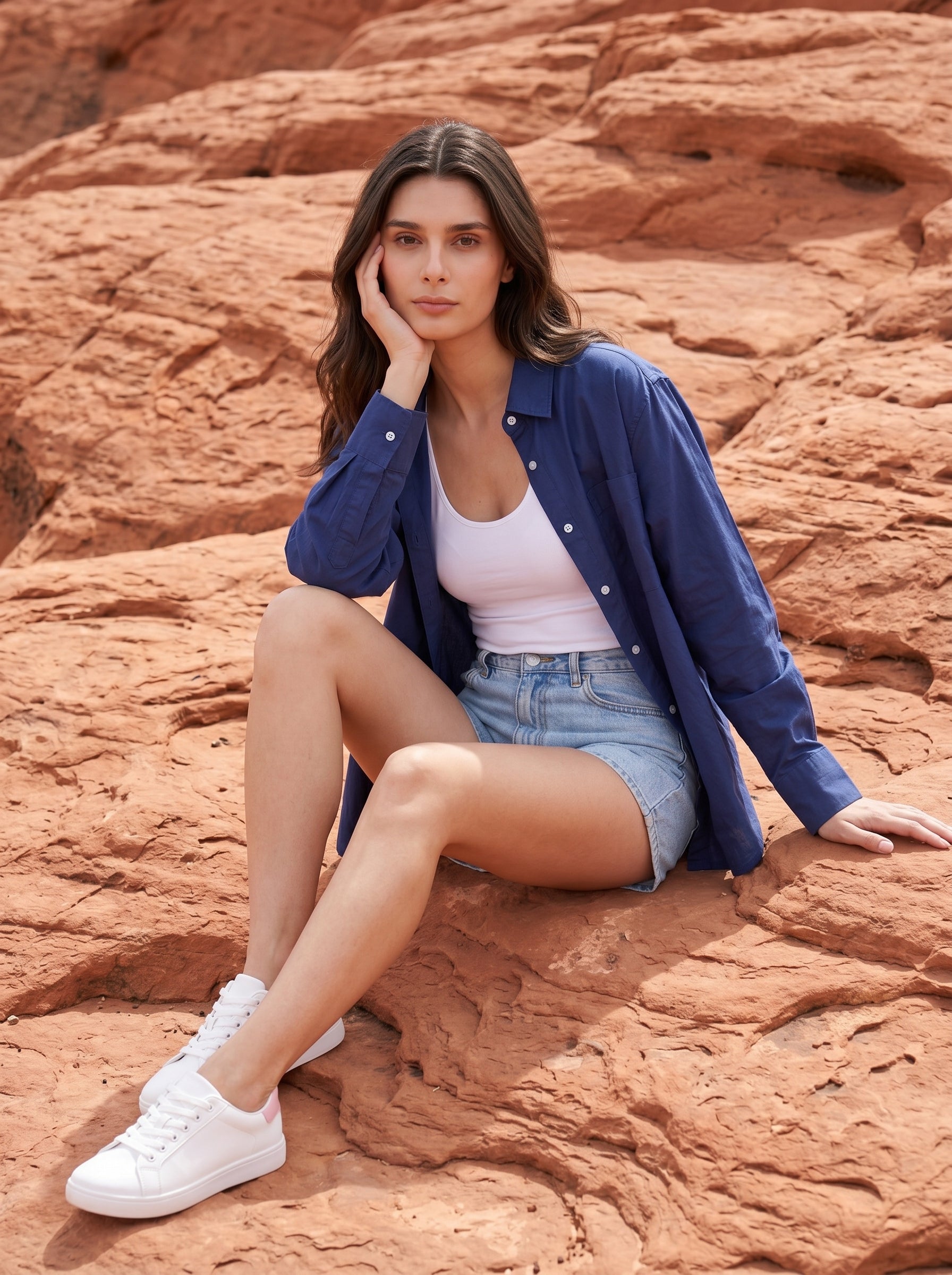 Blue Spread Collar Solid Casual Cotton Shirt For Women
