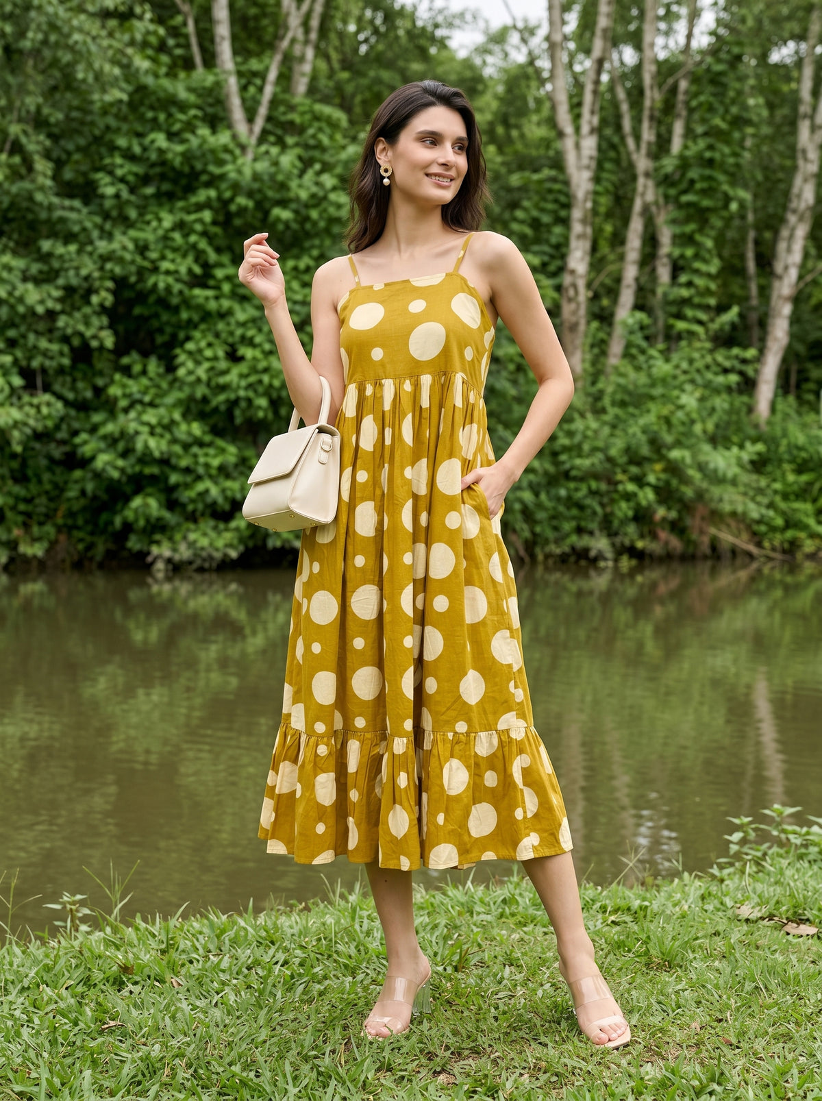 Yellow Off Shoulder Polka Dots Flared Dress For Women
