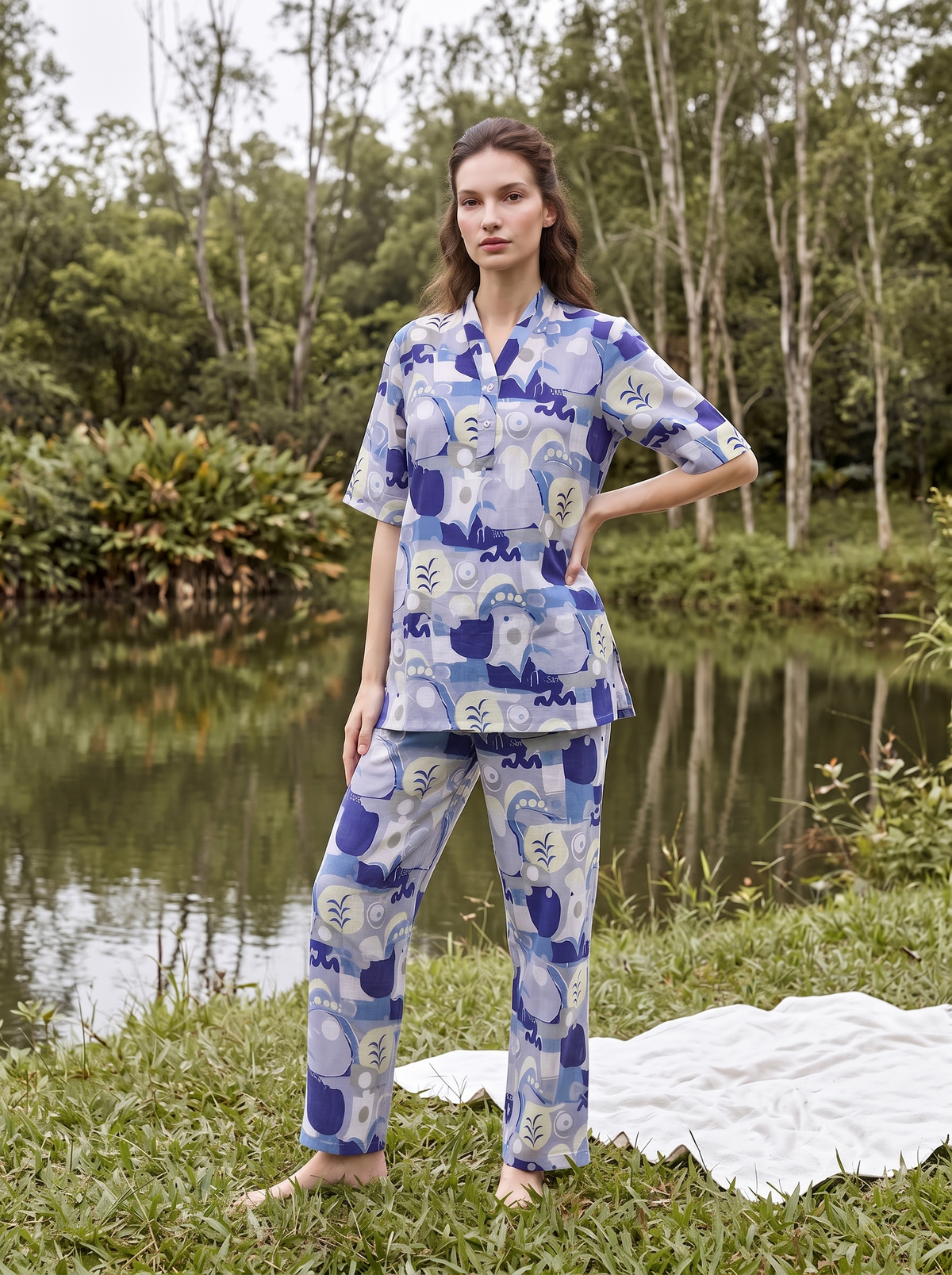 Multi Abstract Print V-Neck Pure Cotton Night Suit For Women