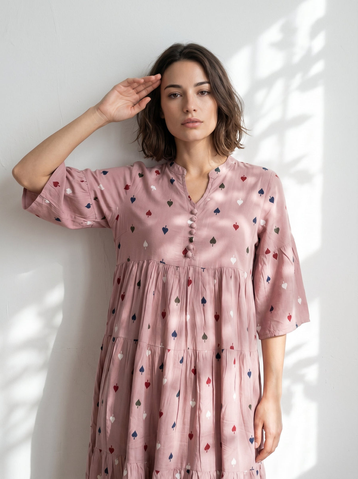 Mauve Round Neck Geometric Print Flared Dress For Women