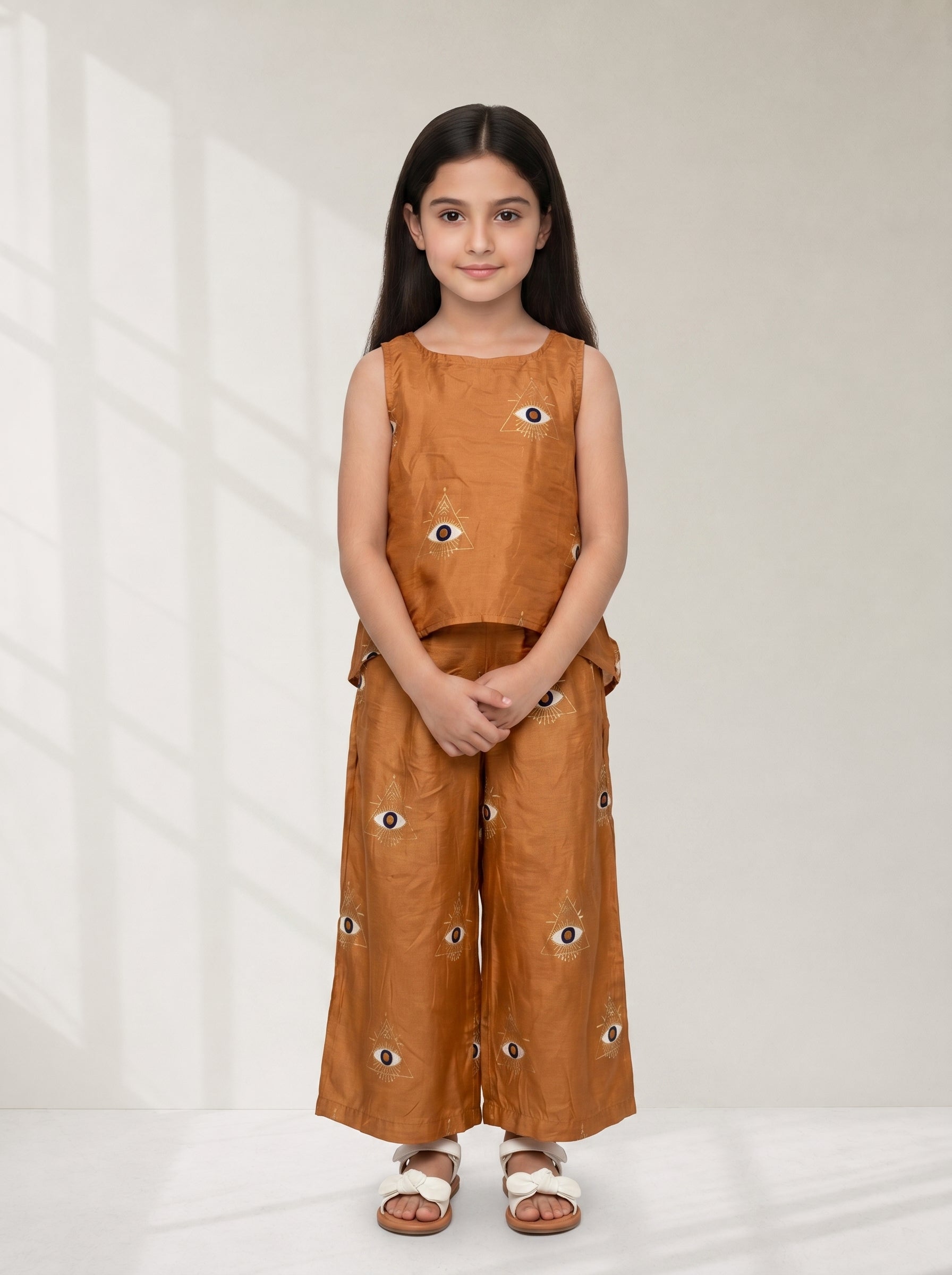 Brown Round Neck Geometric Print Silk Blend Co-Ord Set For Kids