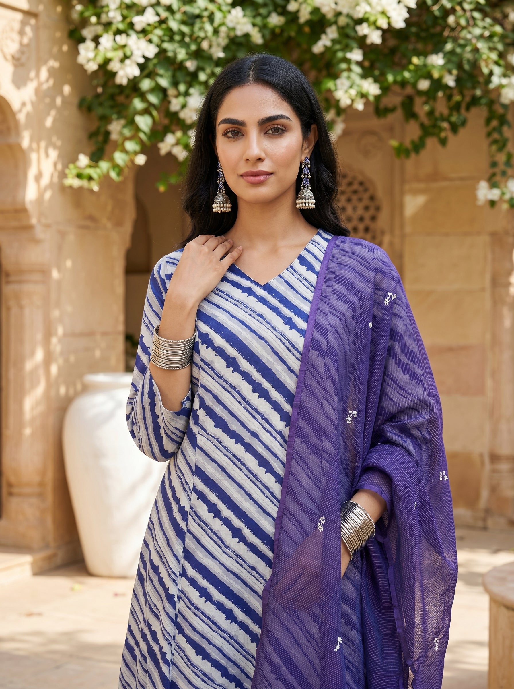 White Leheriya V-Neck Flared Pure Cotton Kurta Set For Women