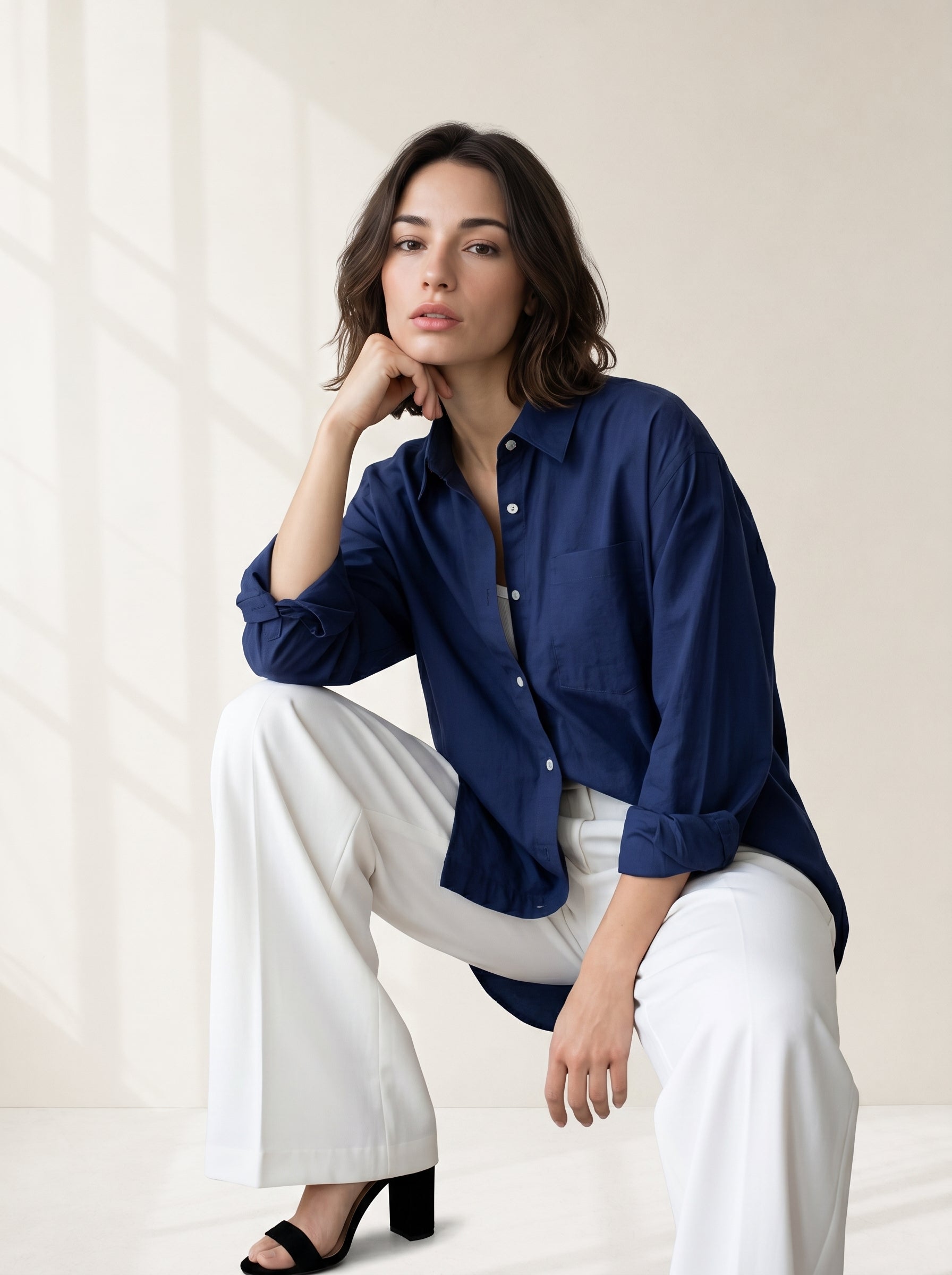Blue Spread Collar Solid Casual Cotton Shirt For Women