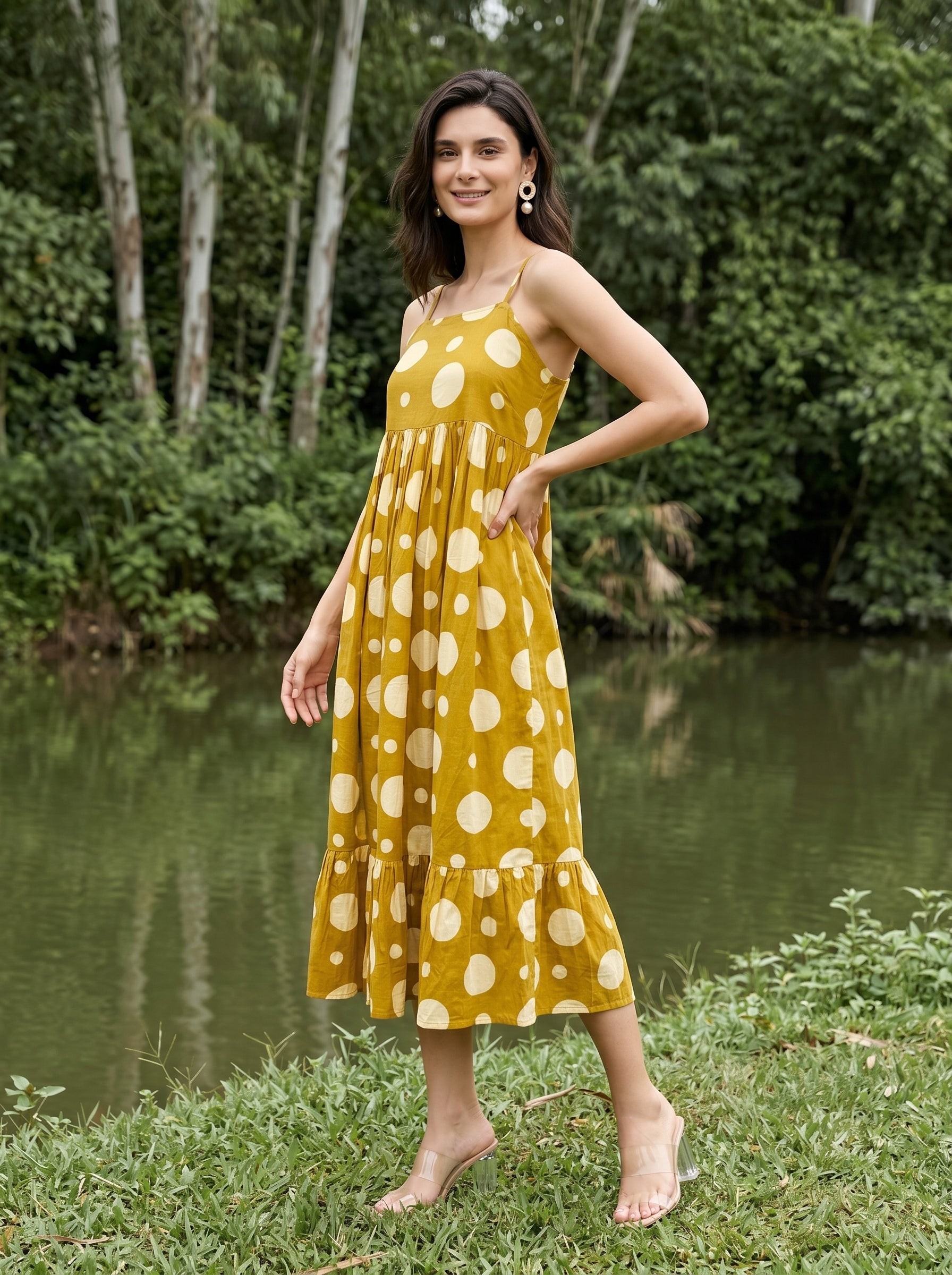 Yellow Off Shoulder Polka Dots Flared Dress For Women