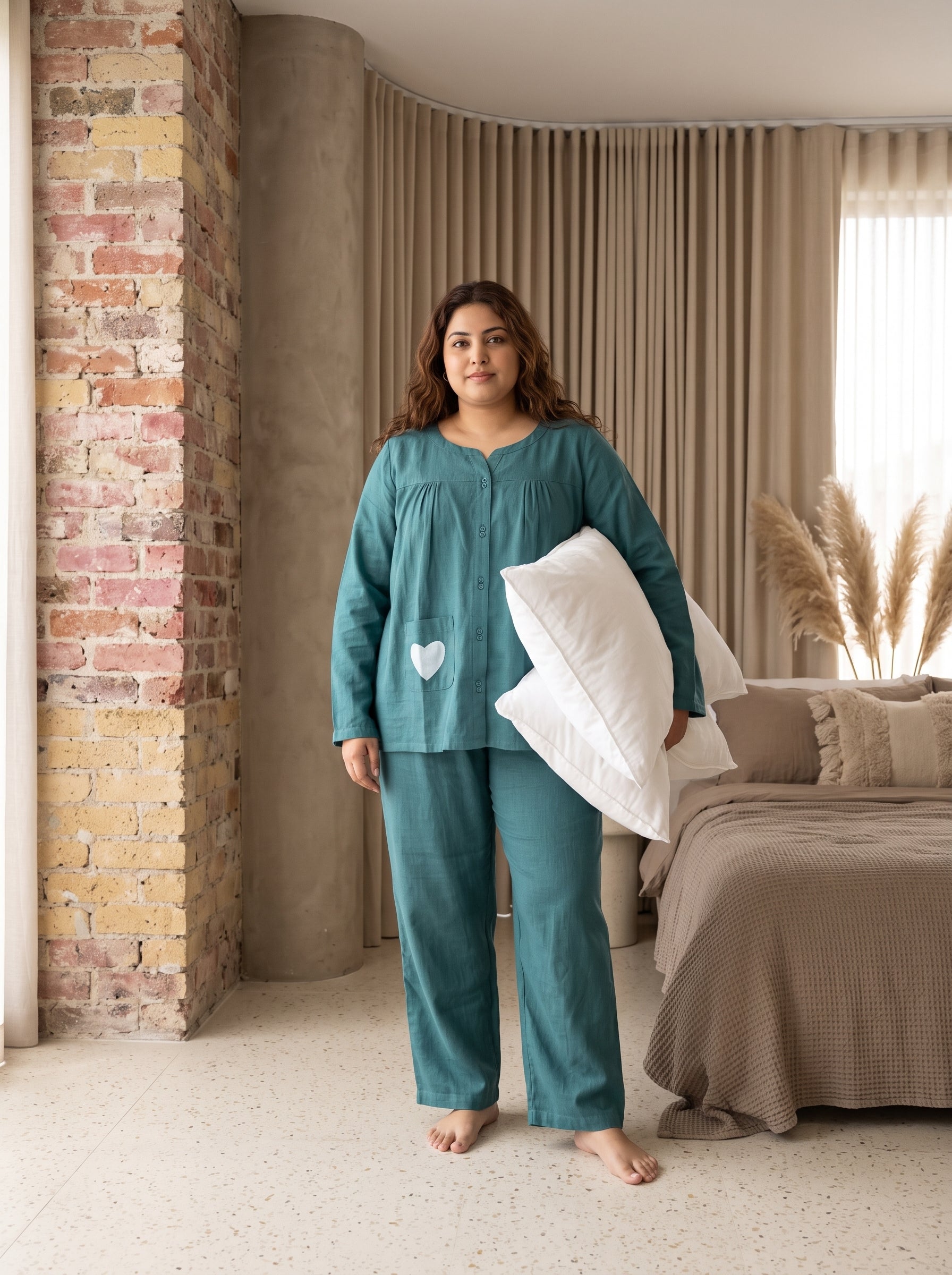 Teal Heart Patch Scoop Neck Cotton Plus Size Night Suit For Women