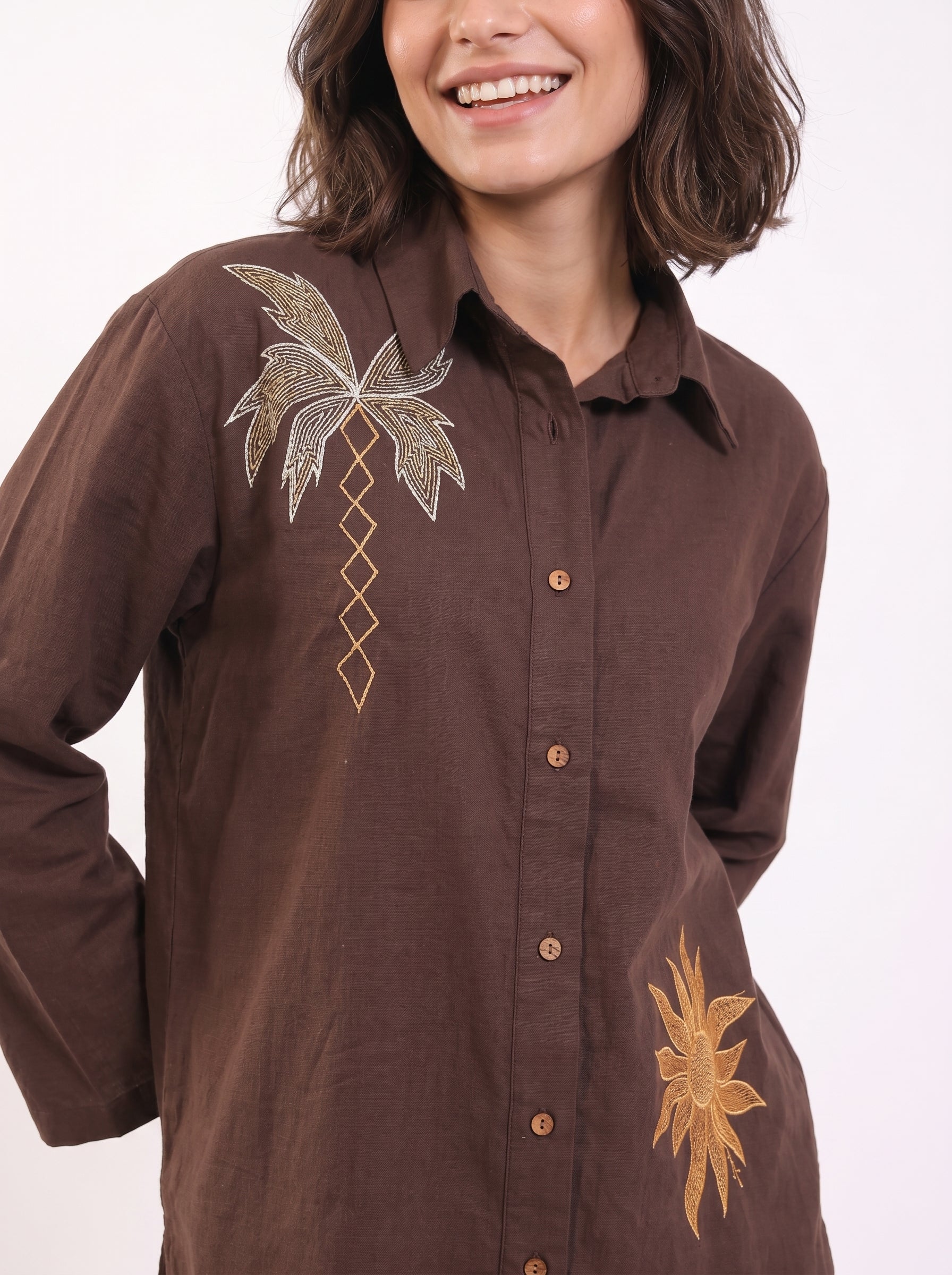 Brown Embroidered Shirt Collar Pure Cotton Co-Ord Set For Women