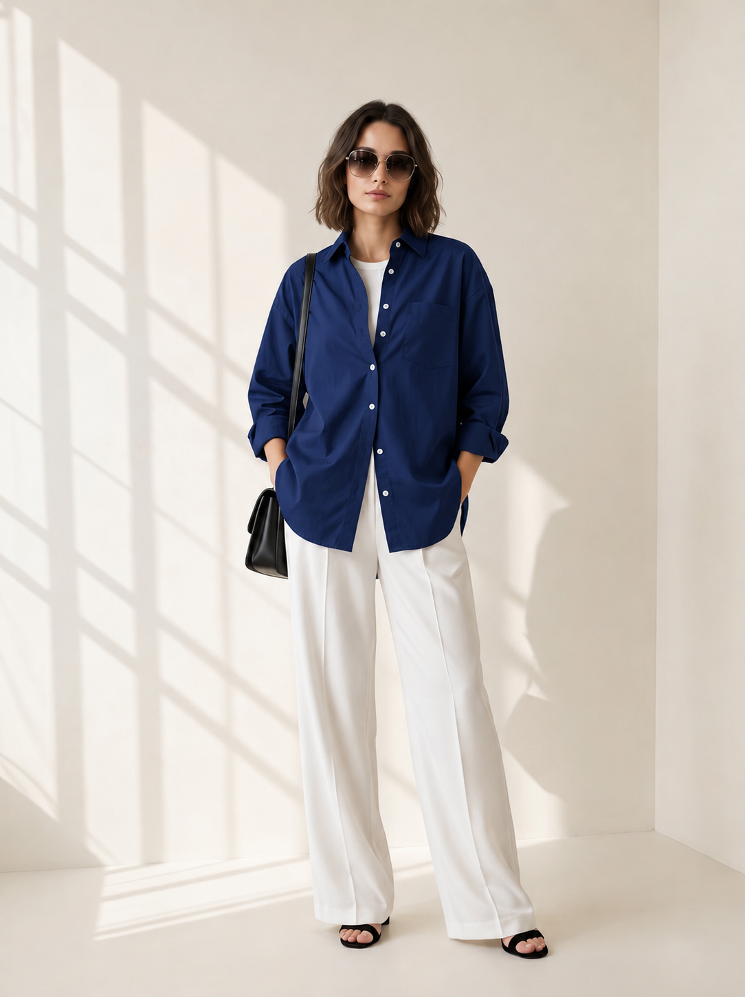 Blue Spread Collar Solid Casual Cotton Shirt For Women