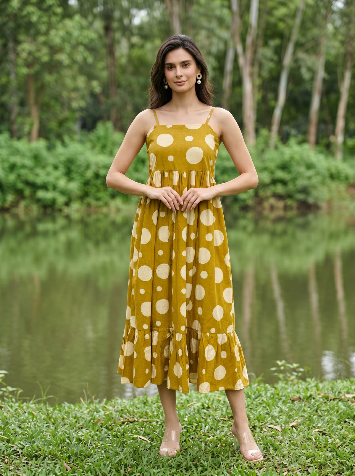 Yellow Off Shoulder Polka Dots Flared Dress For Women