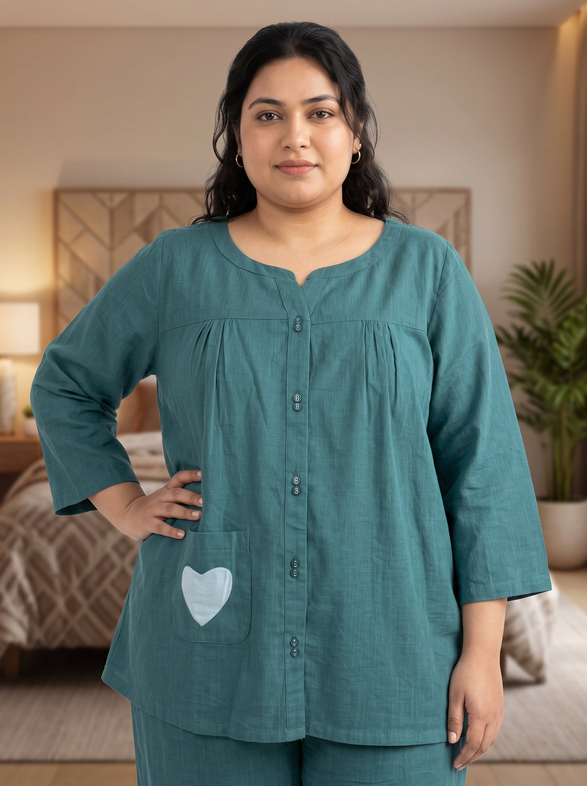 Teal Heart Patch Scoop Neck Cotton Plus Size Night Suit For Women