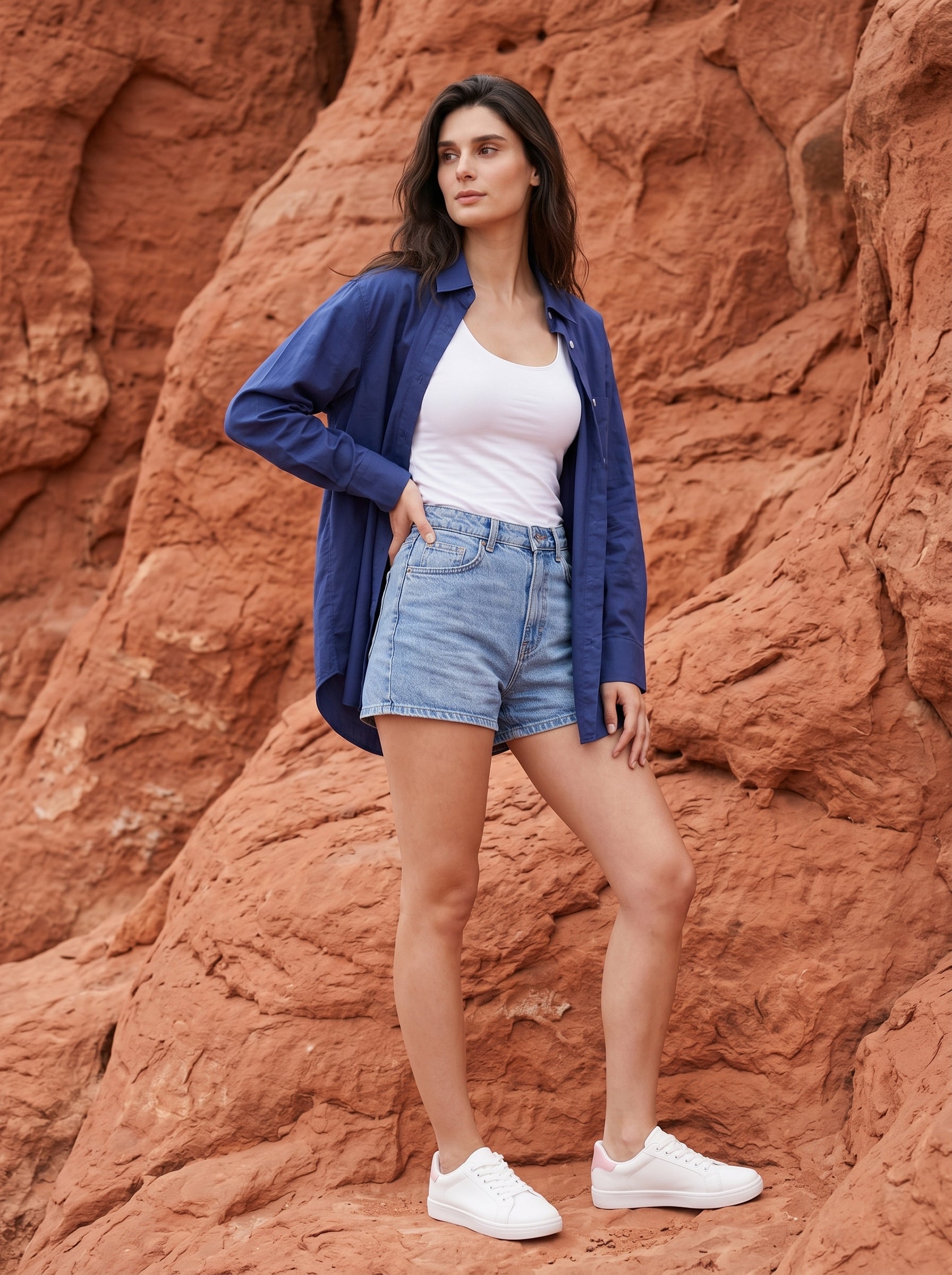Blue Spread Collar Solid Casual Cotton Shirt For Women