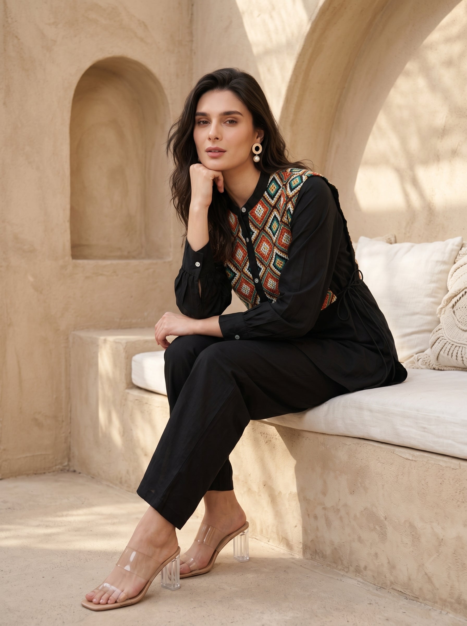 Black Solid Round Neck Pure Cotton Co-Ord Set For Women