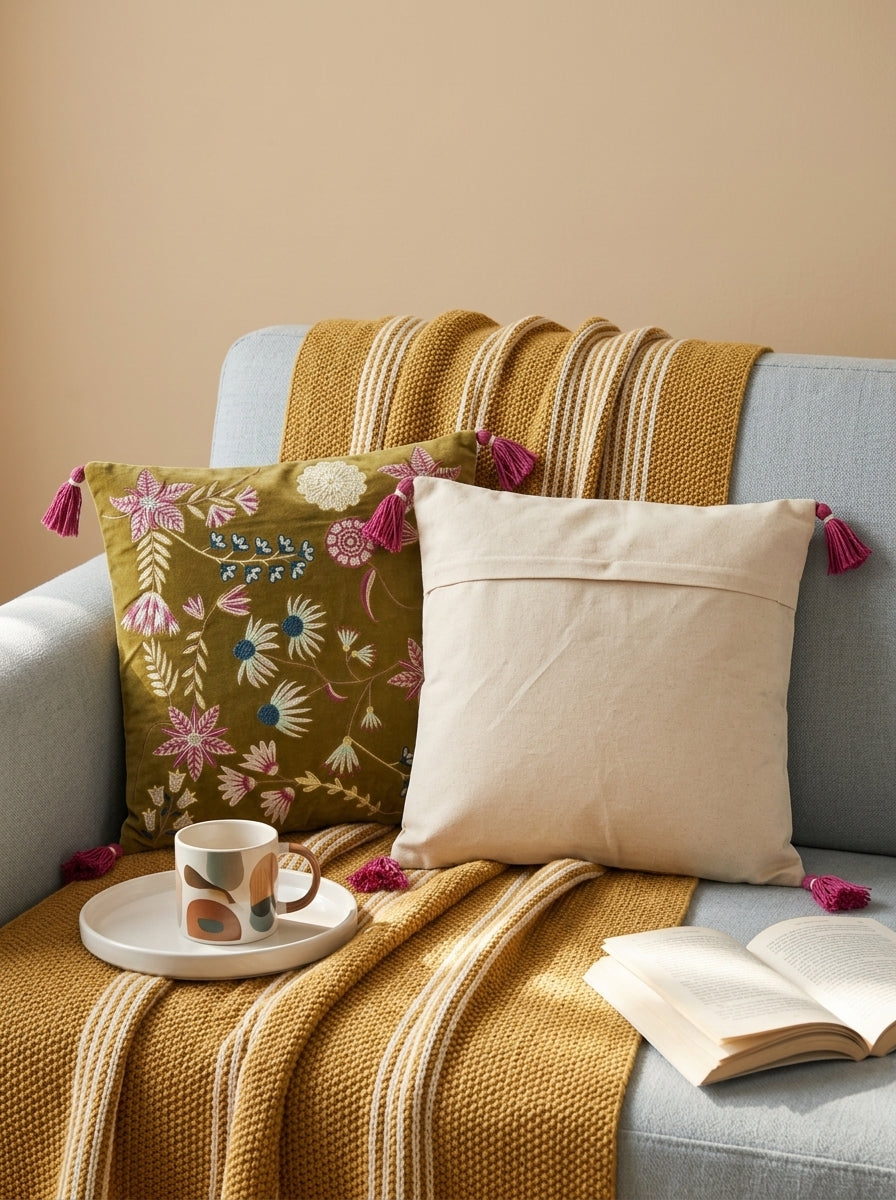 Green Velvet Square Floral Embroidered Cushion Cover With Tassels