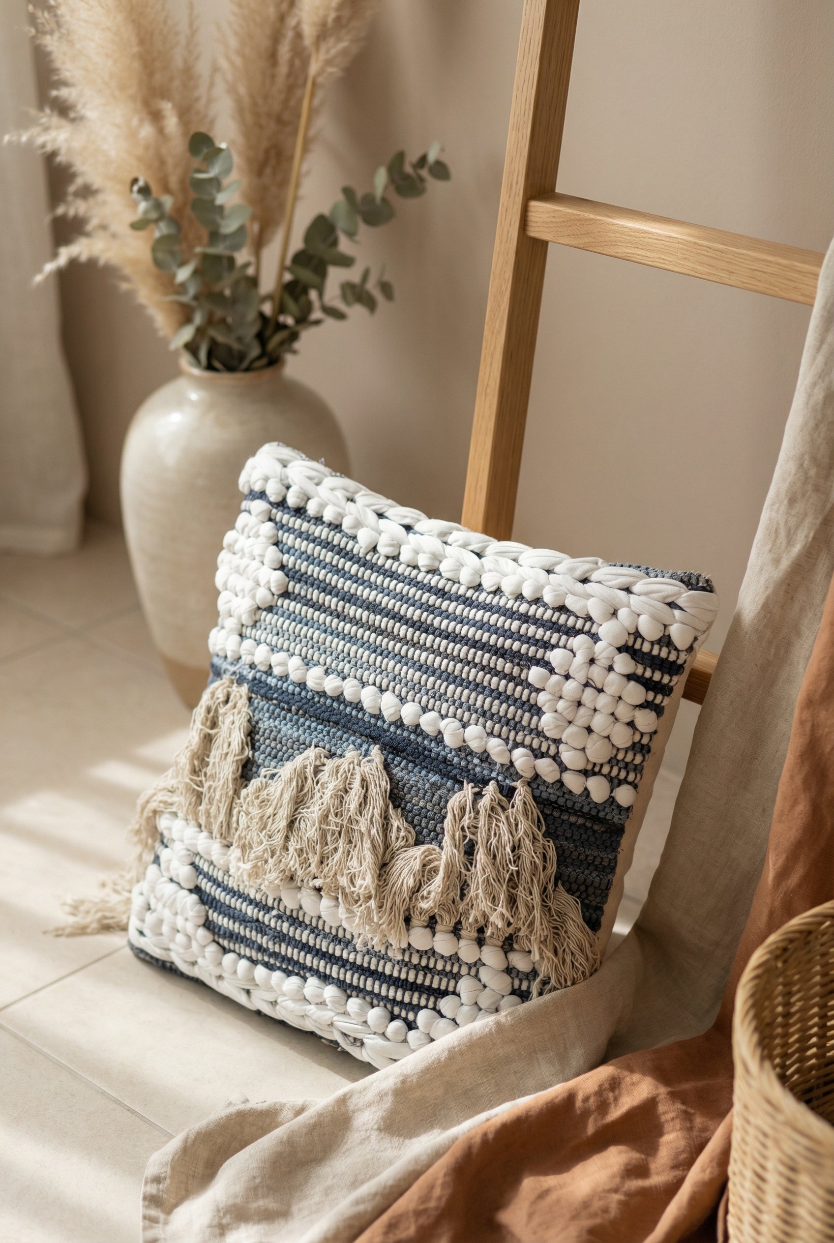 Blue Embroidered Square Tufted Boho Cushion Cover