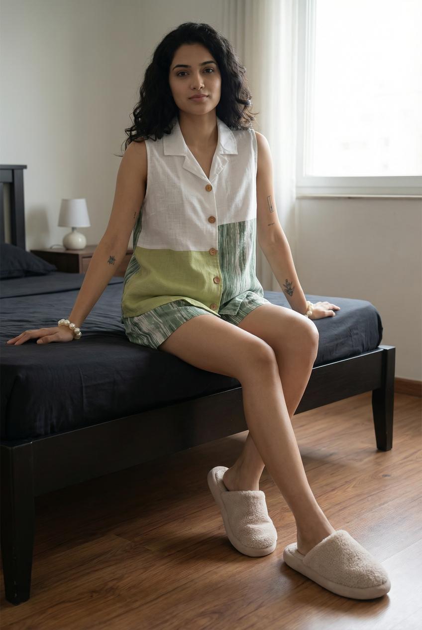 Green Pure Cotton V-Neck  Co-Ords Set For Women