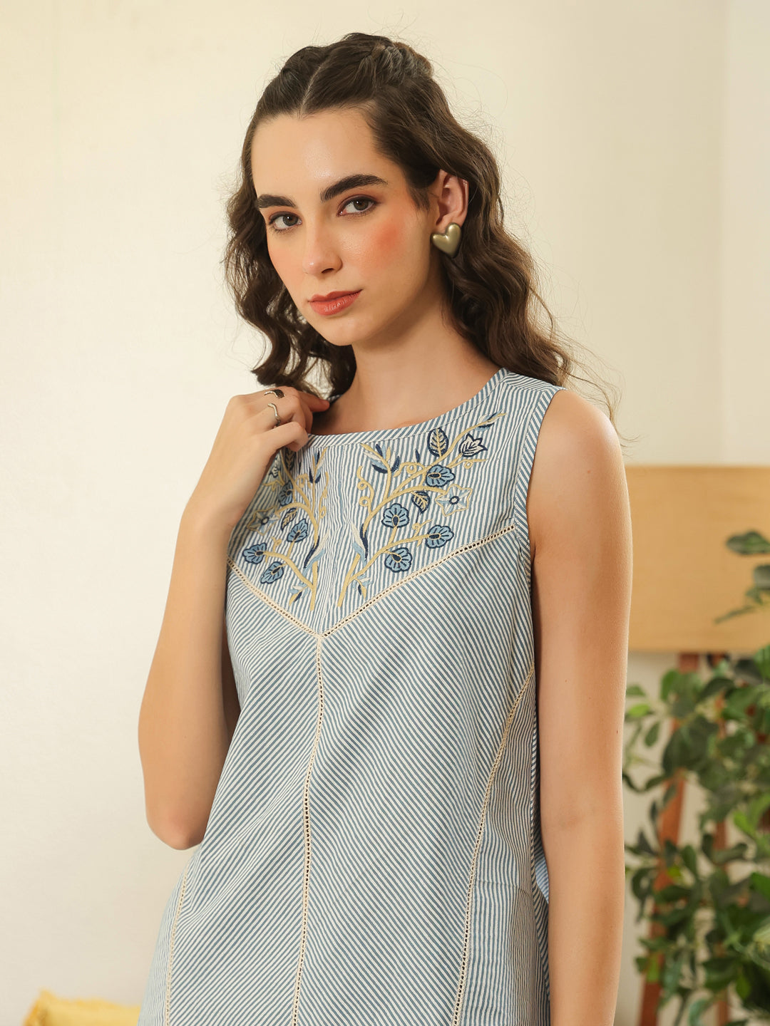 Blue Round Neck Pure Cotton Striped Shirt Co-ords Set for Women