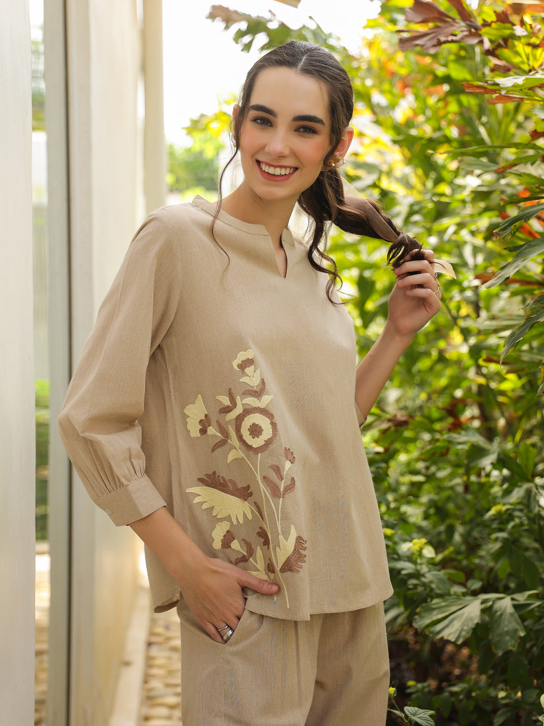 Cream Mandarin Collar Pure Cotton Solid Top Co-ords Set for Women