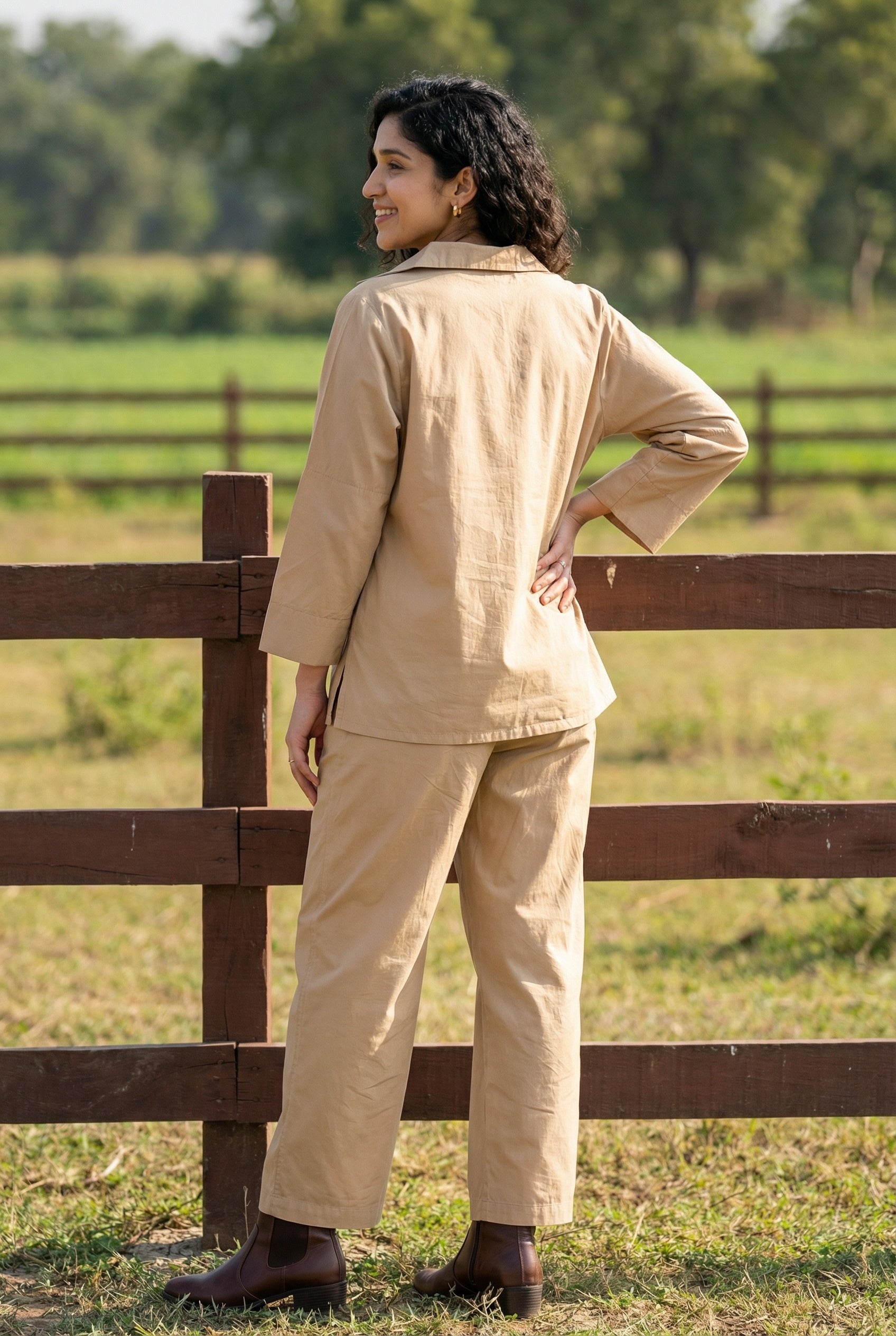 Cream Shirt Collar Polyester Co-Ord Set For Women