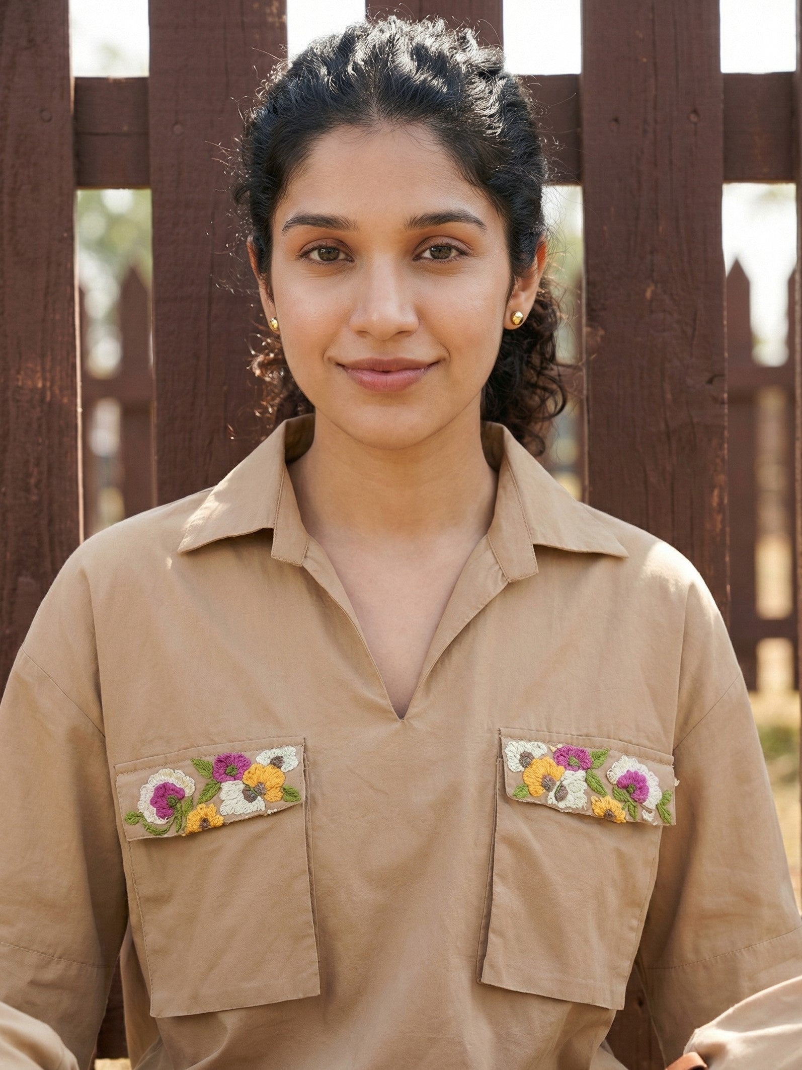 Cream Shirt Collar Polyester Co-Ord Set For Women