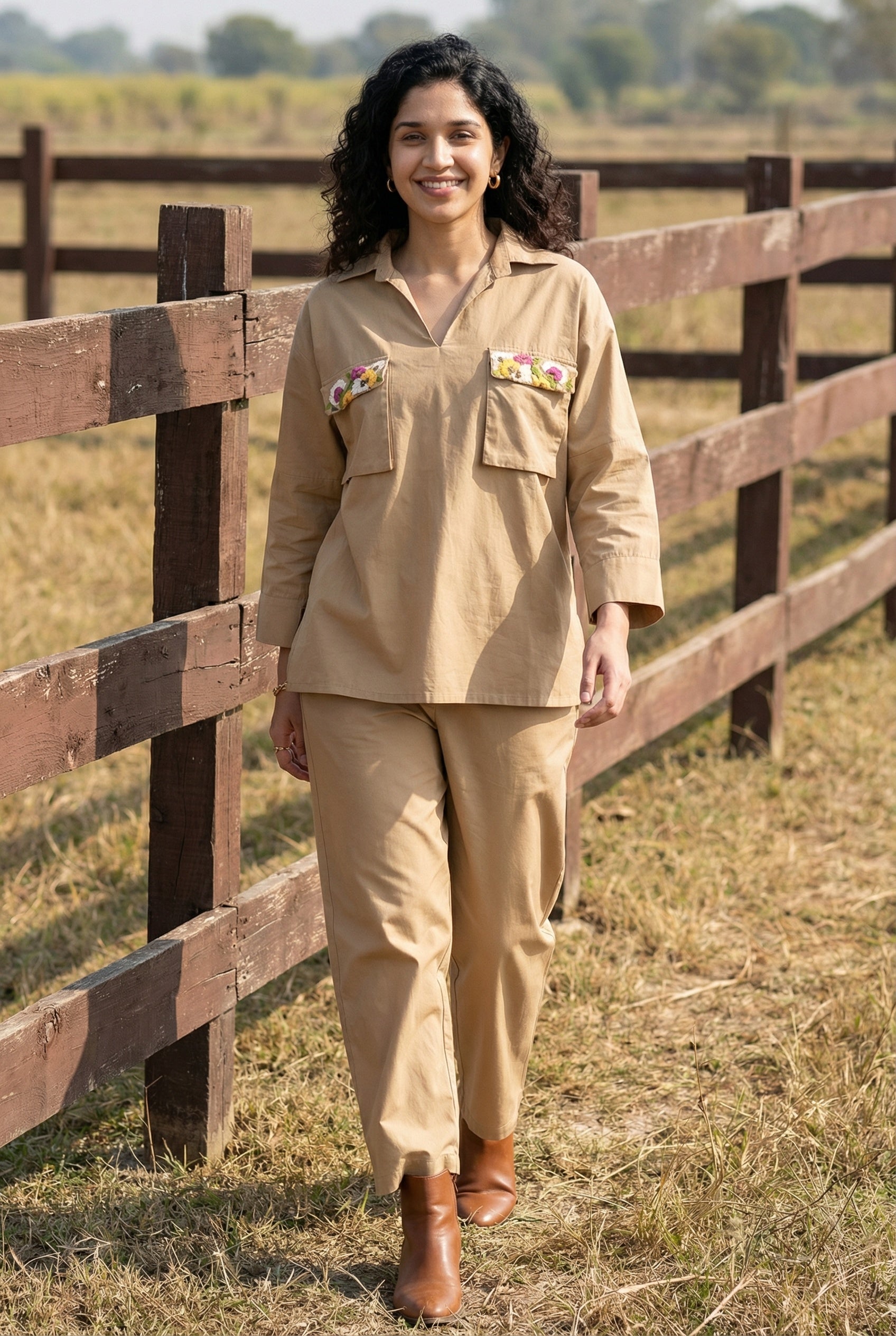 Cream Shirt Collar Polyester Co-Ord Set For Women