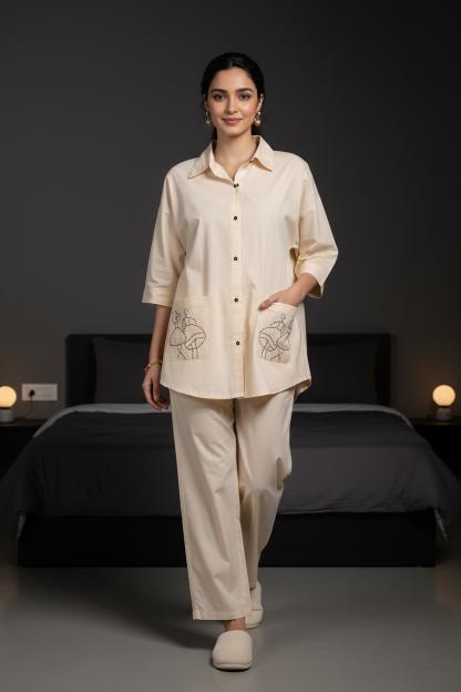 Cream Shirt Collar Embroidered Pure Cotton Co-Ord Set For Women