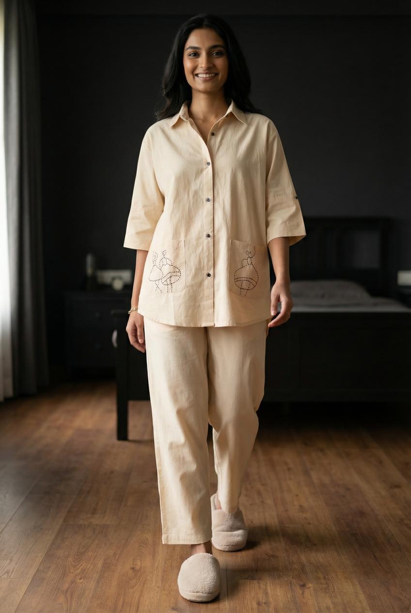 Cream Shirt Collar Embroidered Pure Cotton Co-Ord Set For Women