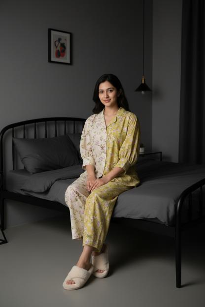 Lime Green Floral Print Shirt Collar Pure Cotton Co-Ords Set For Women