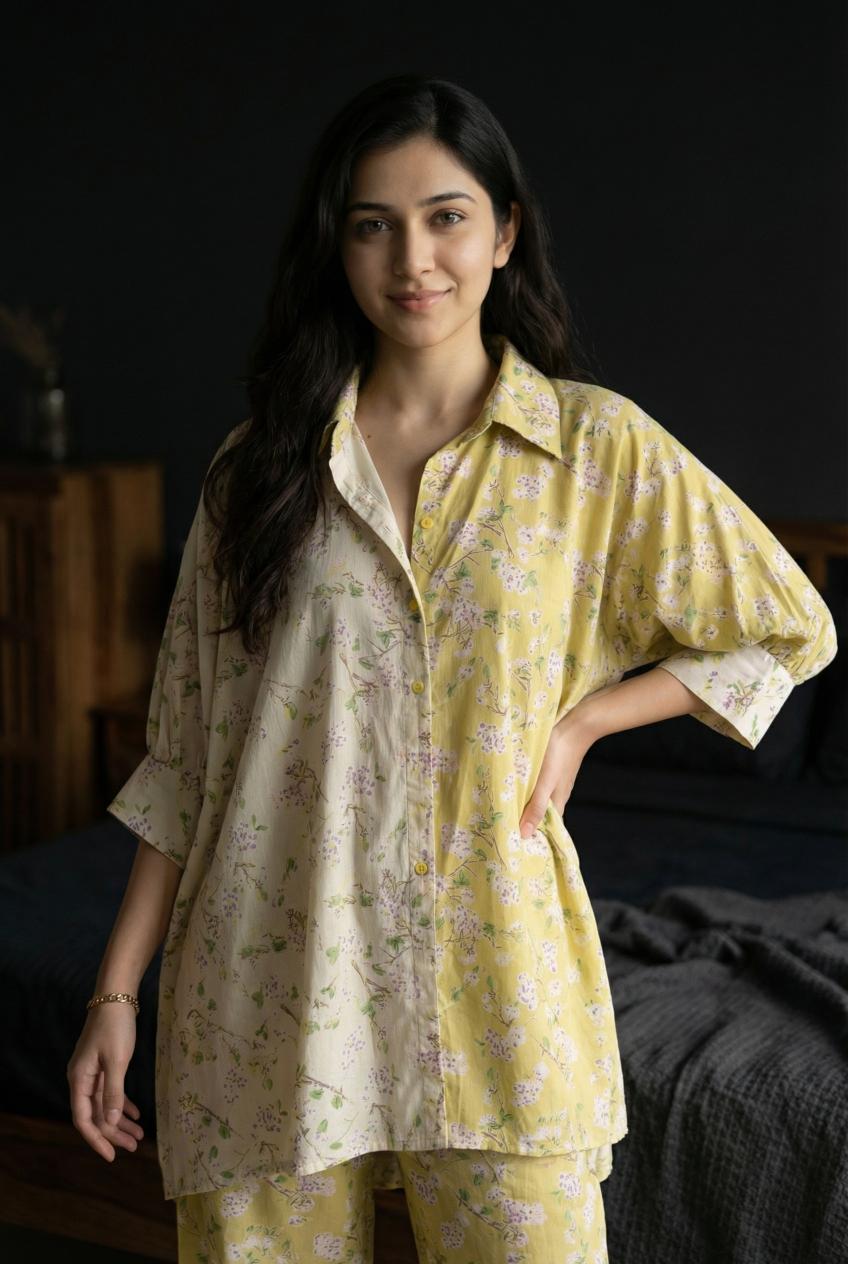 Lime Green Floral Print Shirt Collar Pure Cotton Co-Ords Set For Women