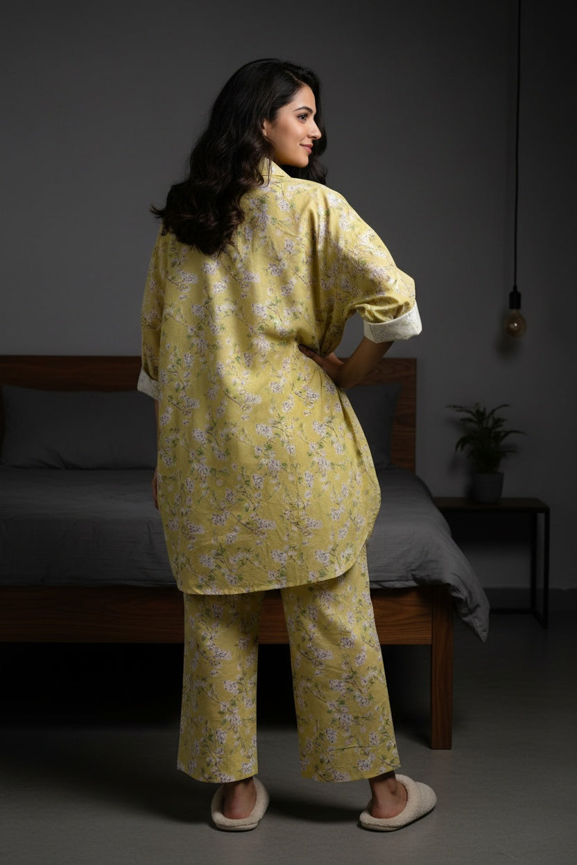 Lime Green Floral Print Shirt Collar Pure Cotton Oversize Co-Ords Set For Women