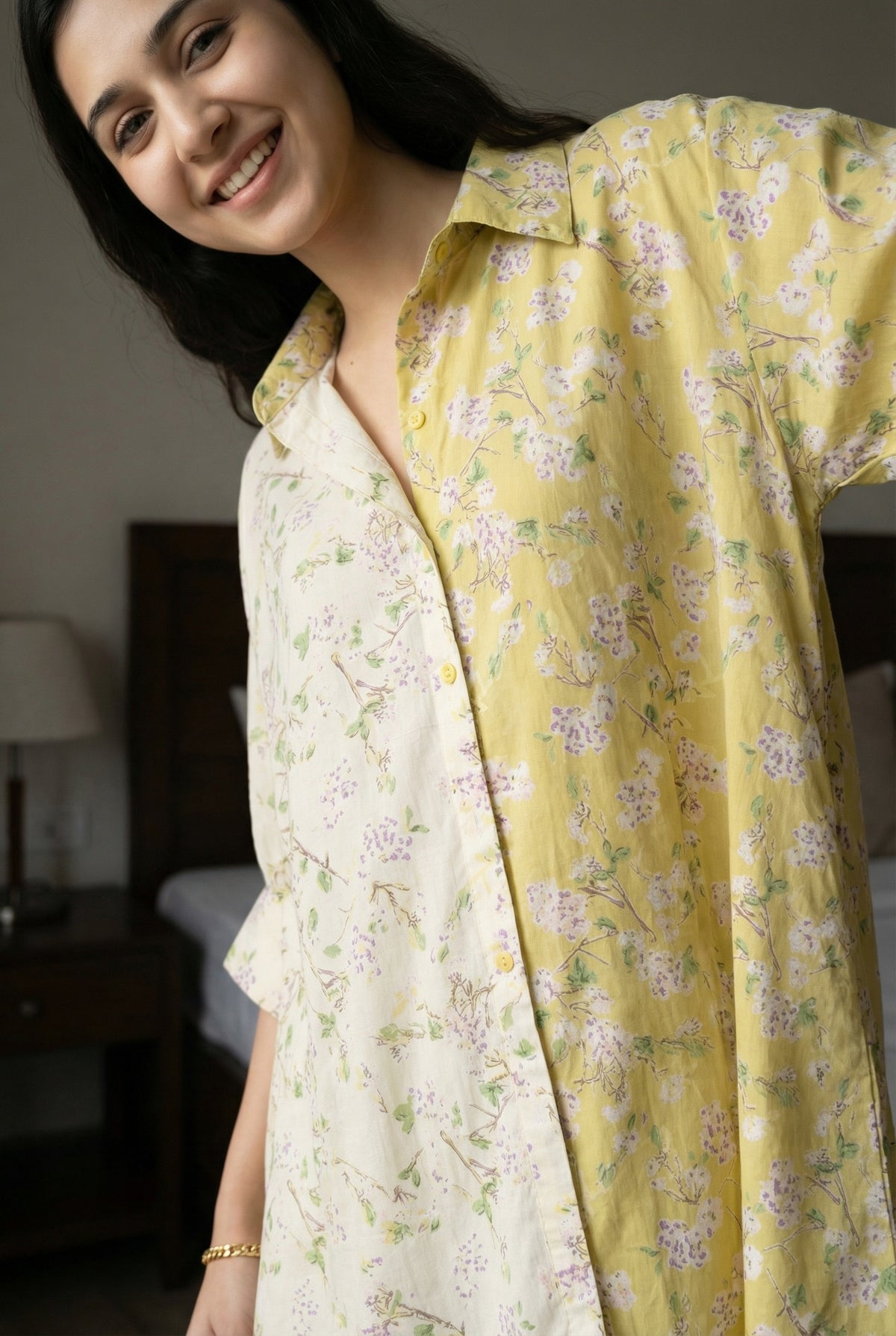 Lime Green Floral Print Shirt Collar Pure Cotton Oversize Co-Ords Set For Women