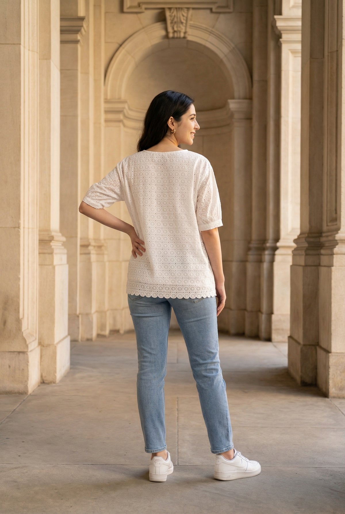 White Solid Round Neck Cotton Top For Women