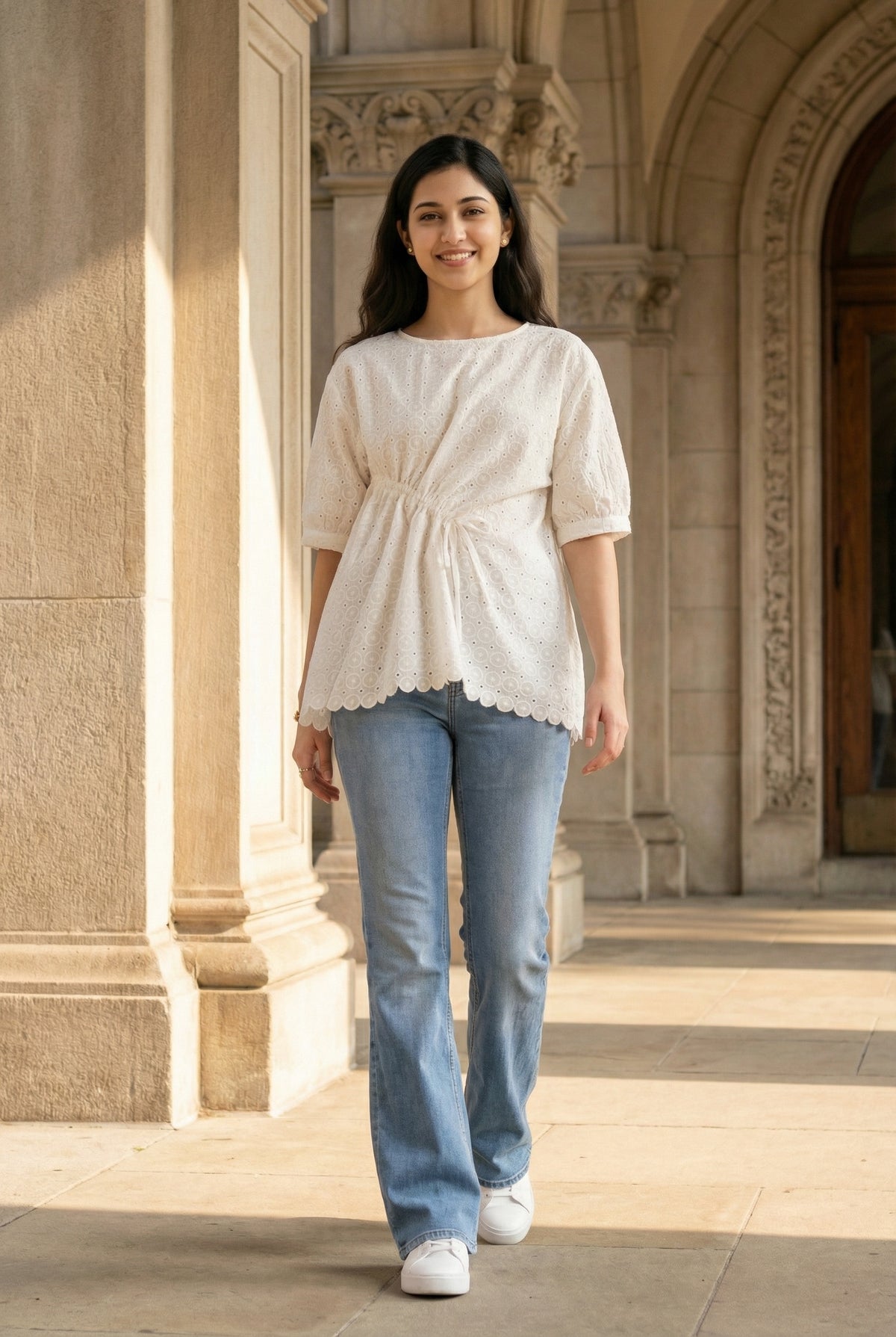 White Solid Round Neck Cotton Top For Women