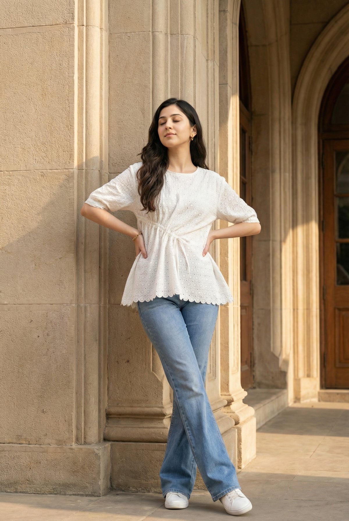 White Solid Round Neck Cotton Top For Women