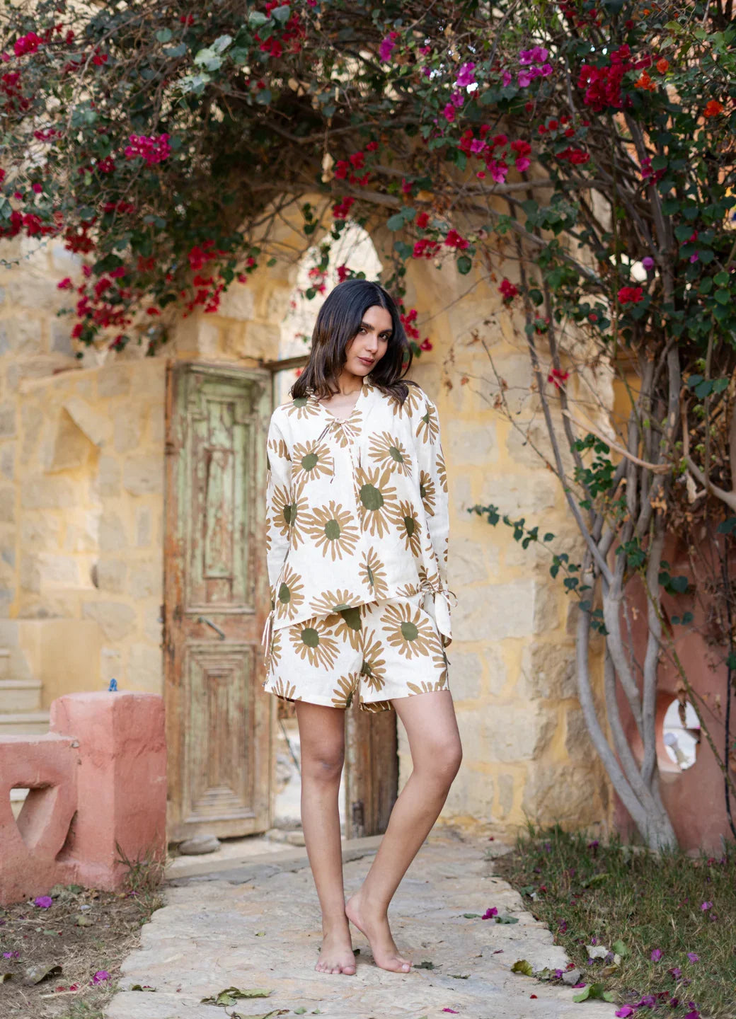 Cream Color Floral Printed Linen Co-ords Set - SanskrutiHomes 