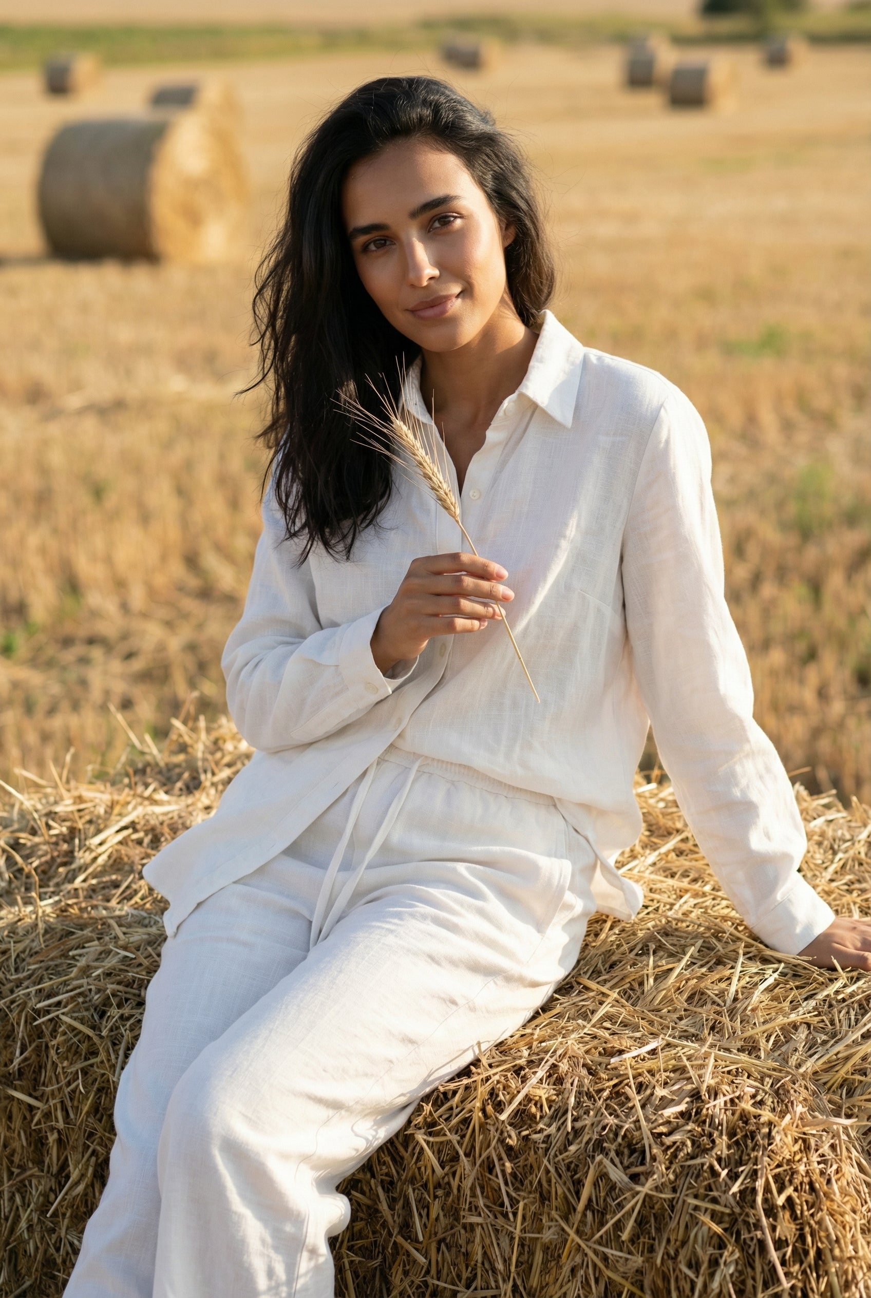 White Solid Print Shirt Collar Pure Cotton Co-ord Set for Women