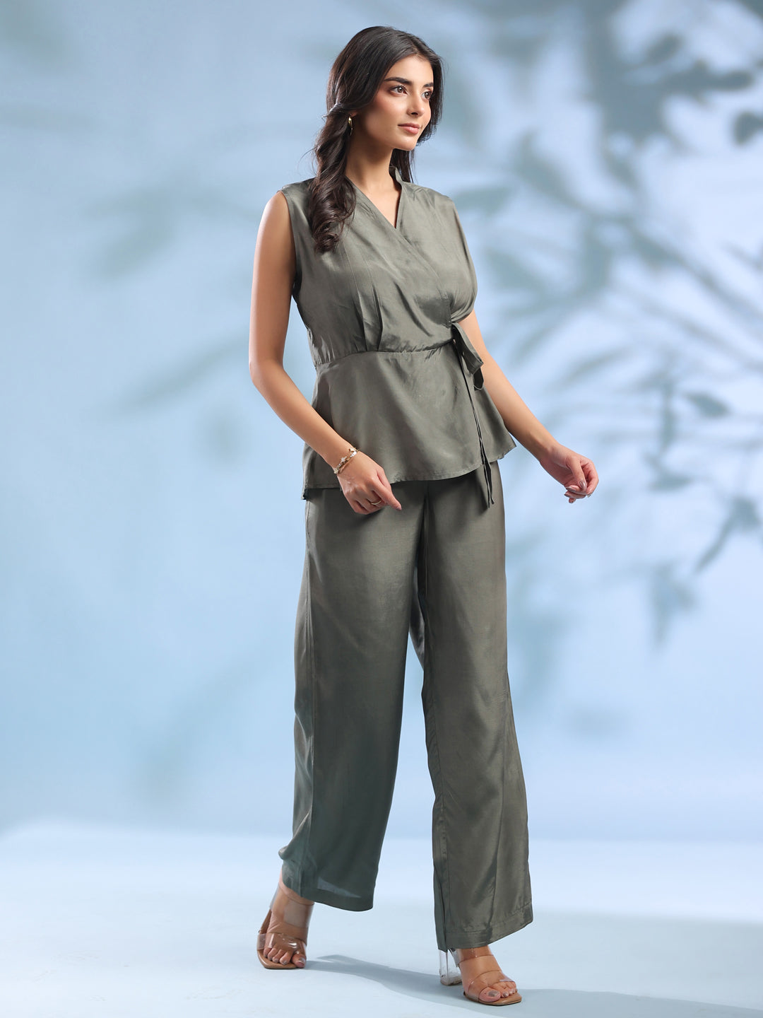 Grey Crossover Solid Winter Co-Ord Set For Women