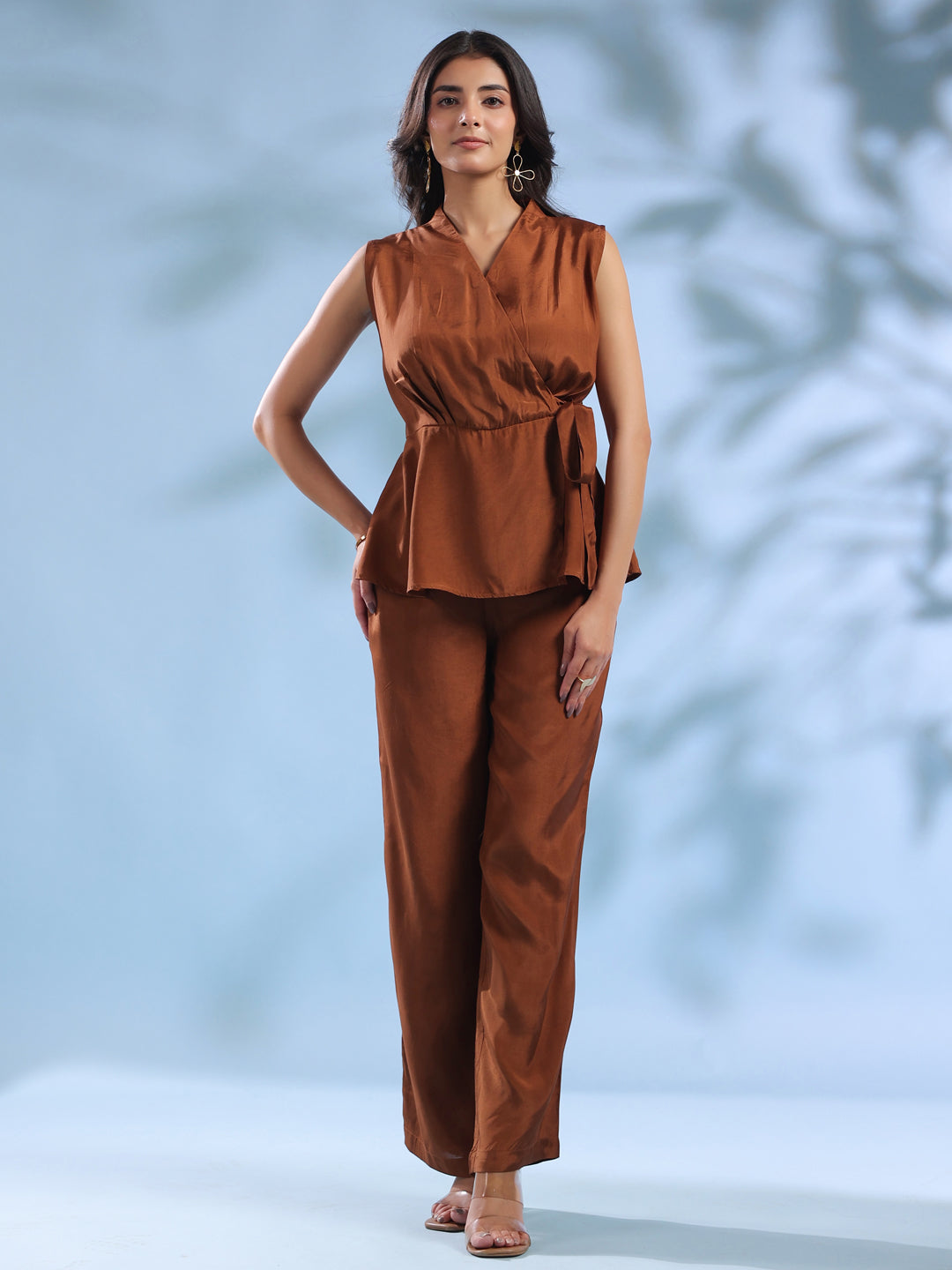 Brown Solid V-Neck Polyester Co-Ord Set For Women