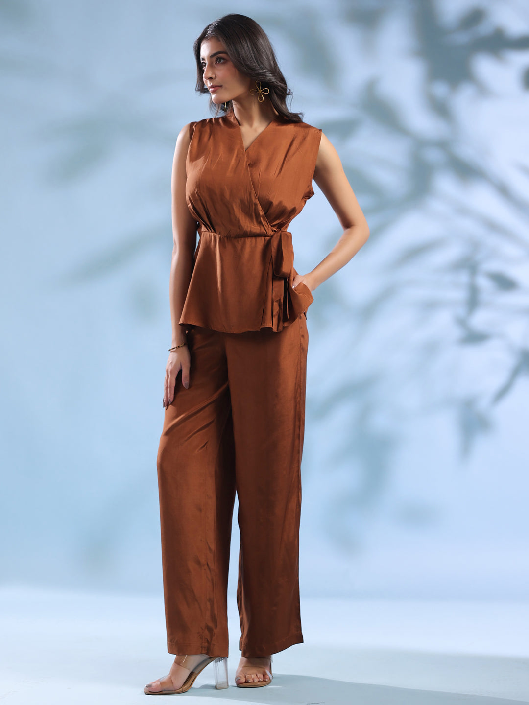 Brown Solid V-Neck Polyester Co-Ord Set For Women