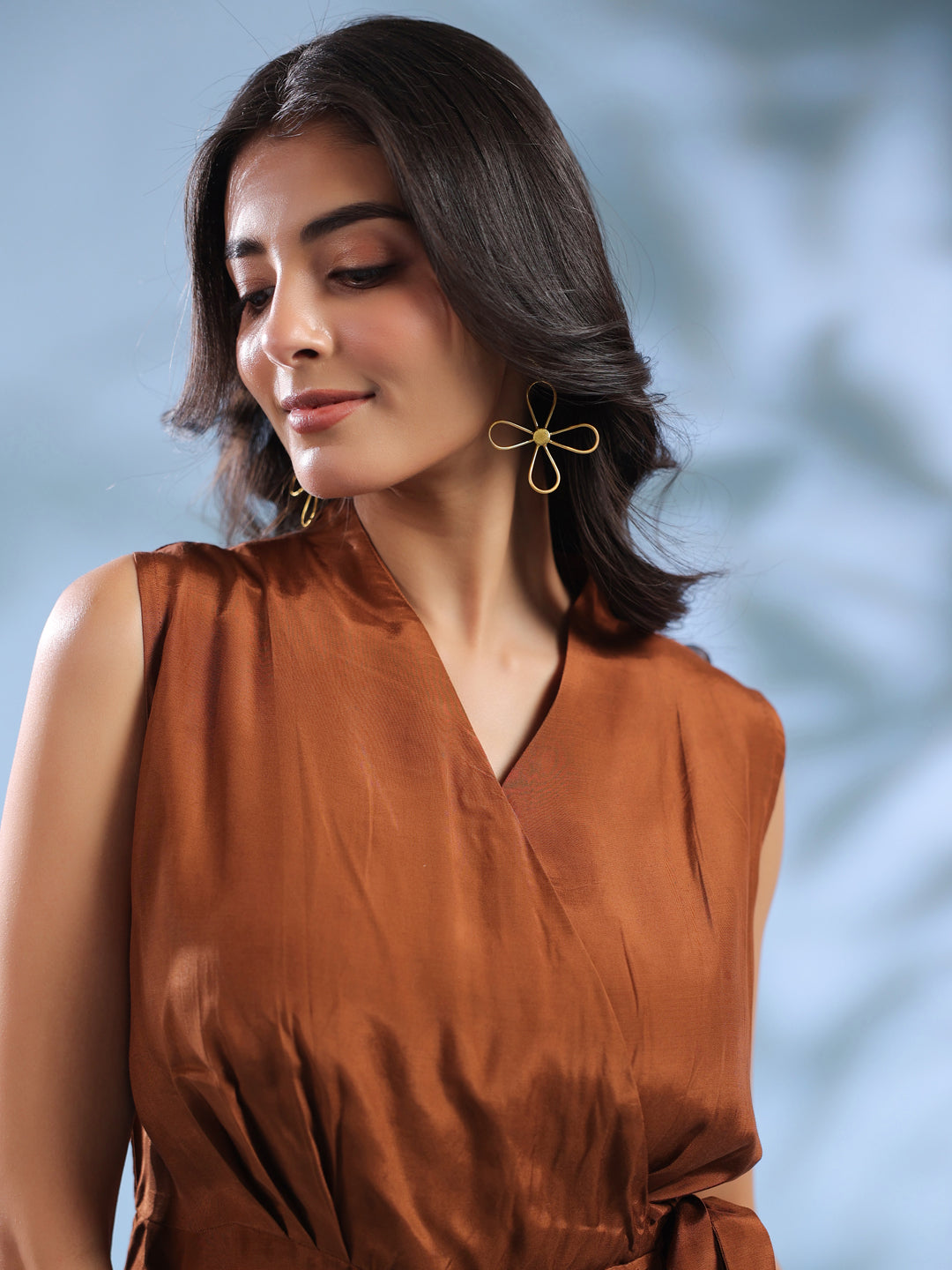 Brown Solid V-Neck Polyester Co-Ord Set For Women