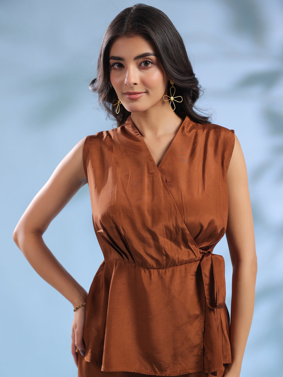 Brown Solid V-Neck Polyester Co-Ord Set For Women